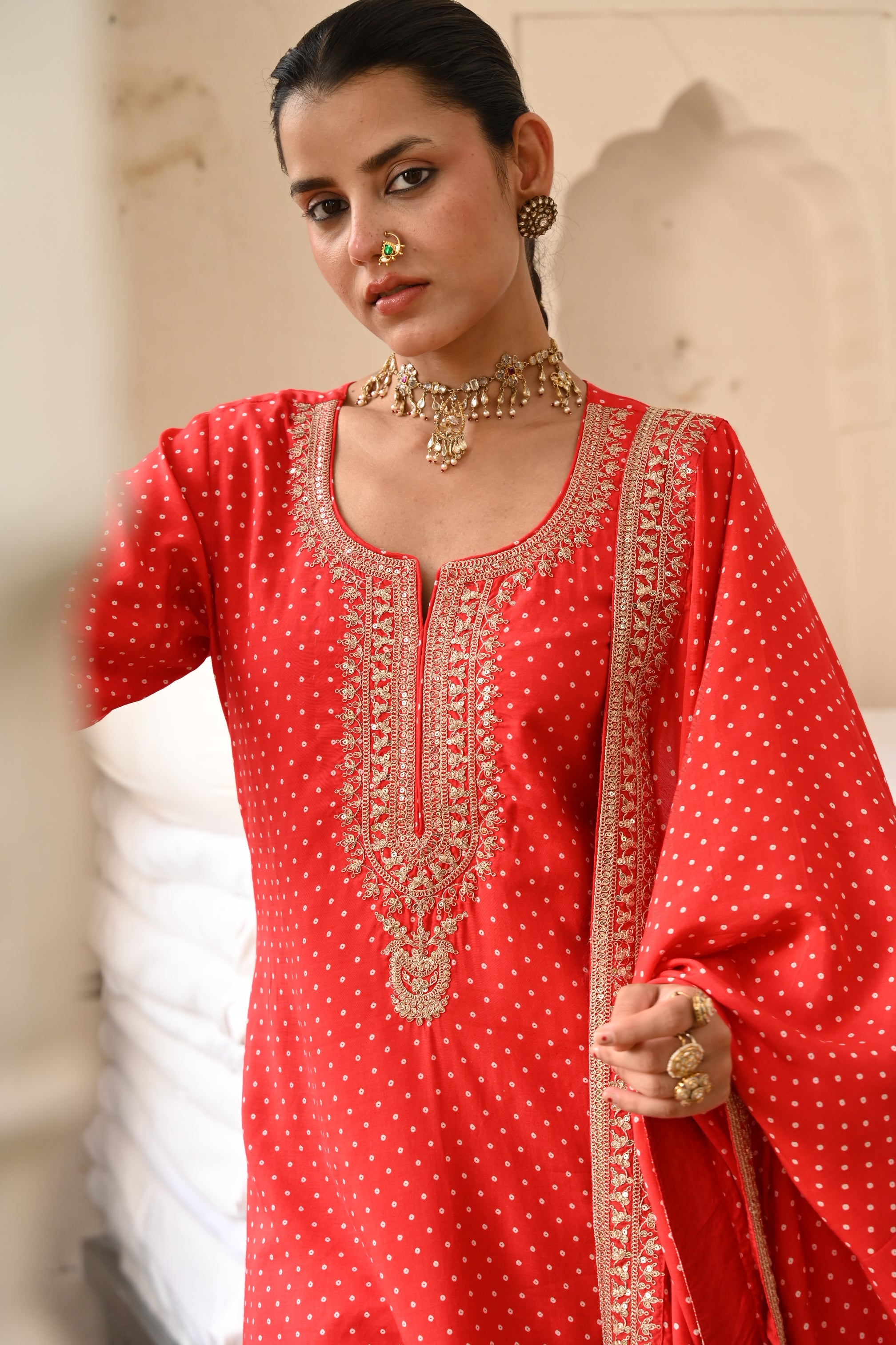 Red Embellished Pure Muslin Silk Pant Set
