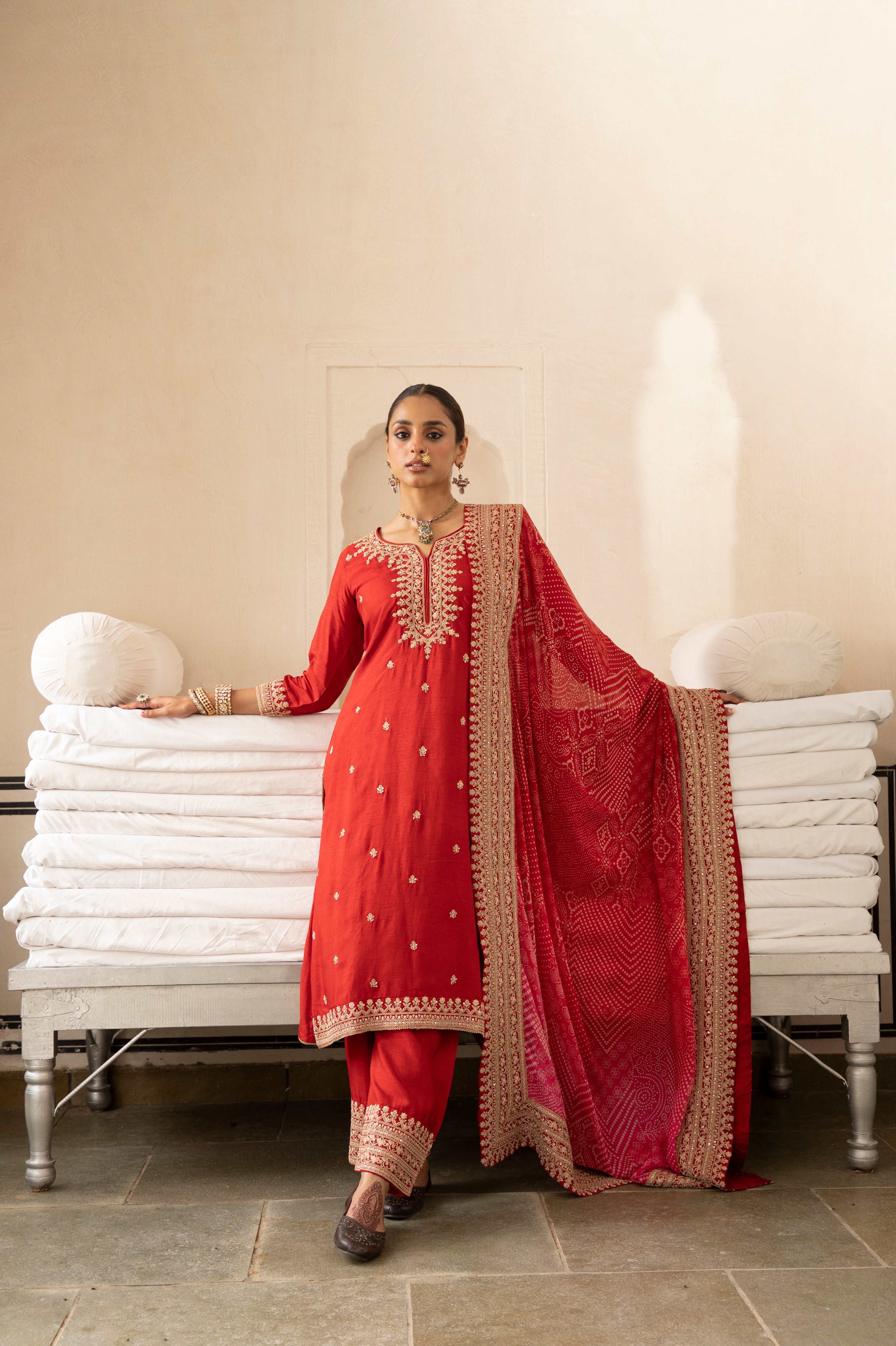 Pure Red Embellished Dola Silk Pant Set