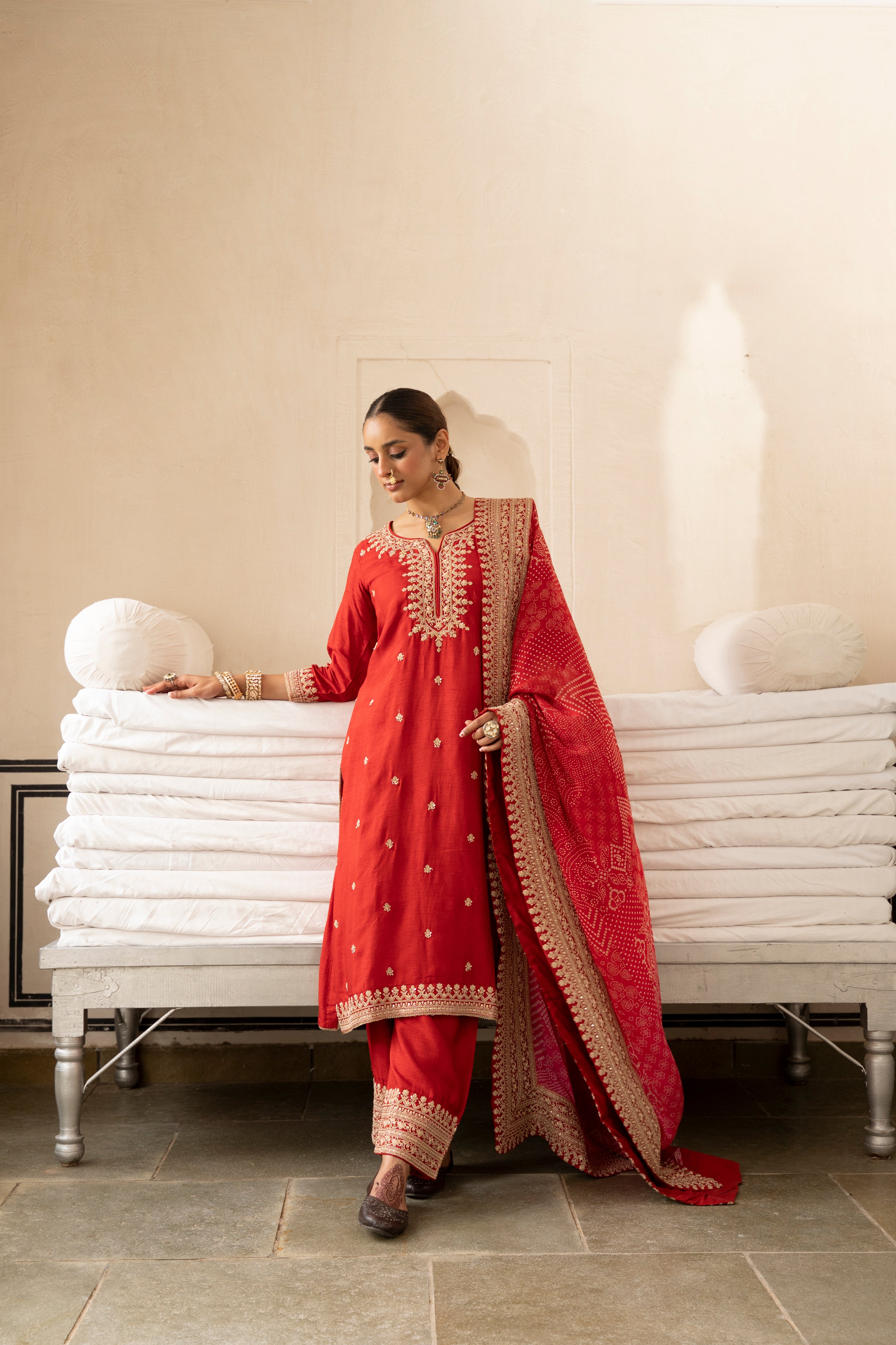 Pure Red Embellished Dola Silk Pant Set
