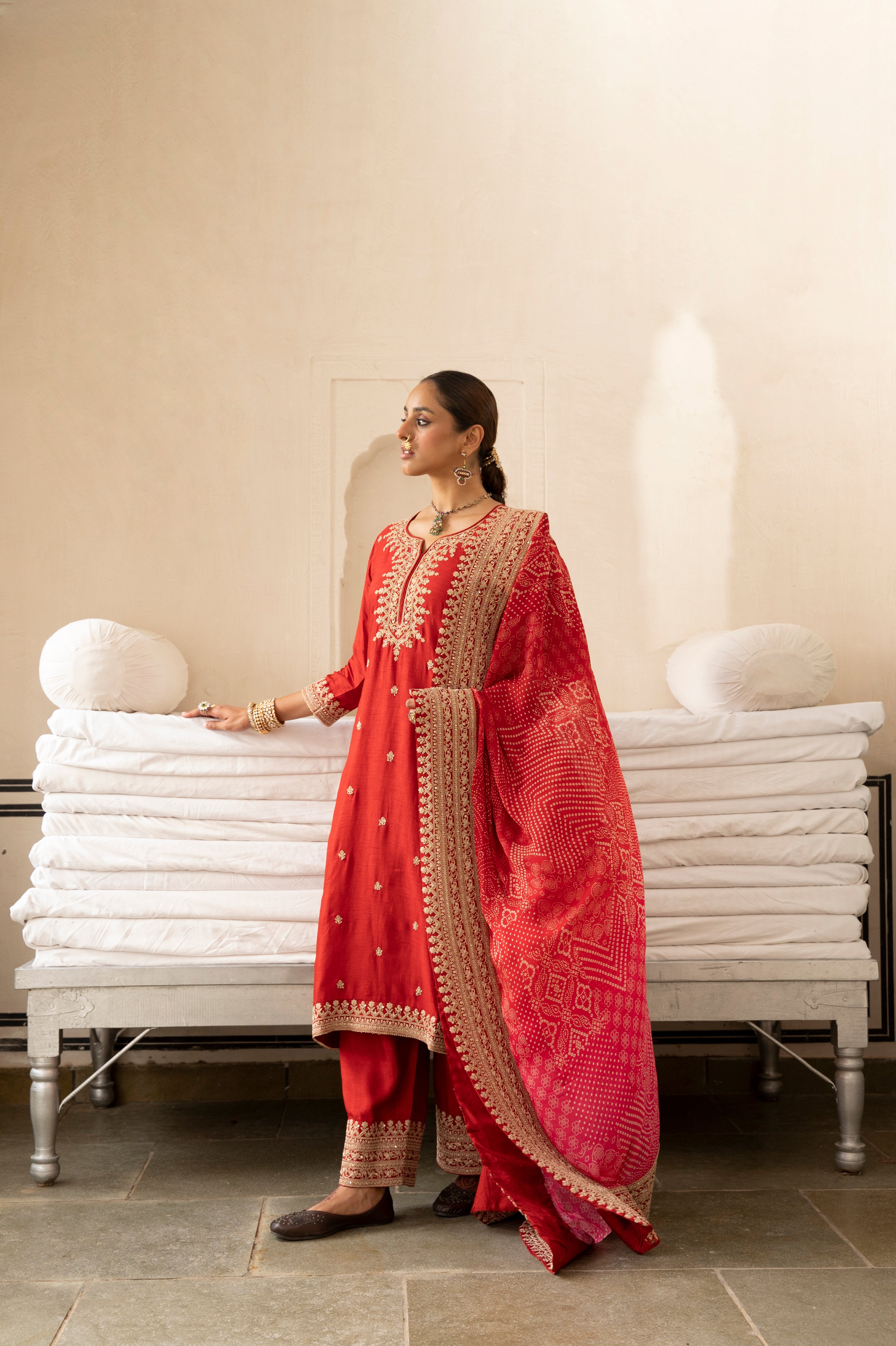 Pure Red Embellished Dola Silk Pant Set