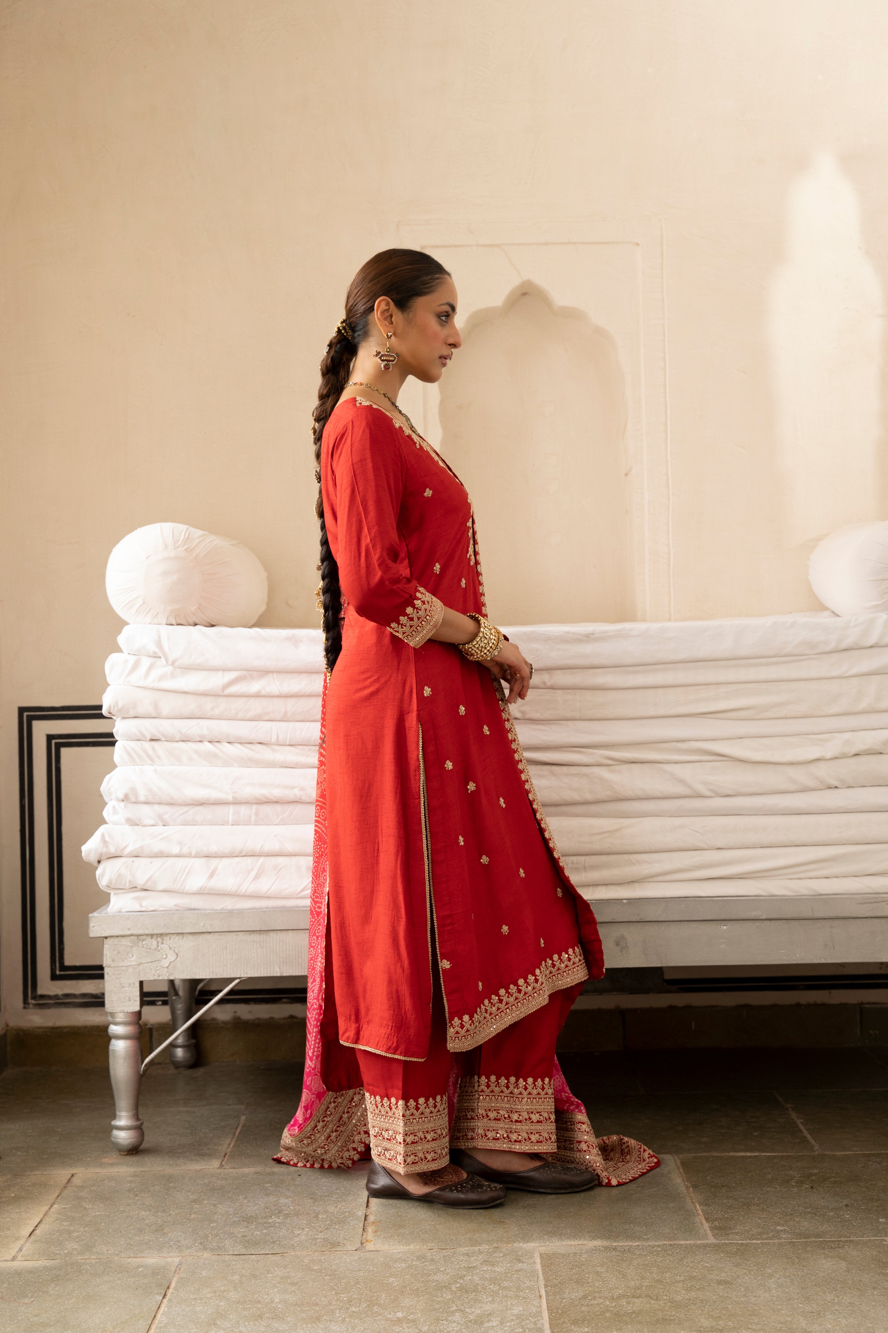 Pure Red Embellished Dola Silk Pant Set