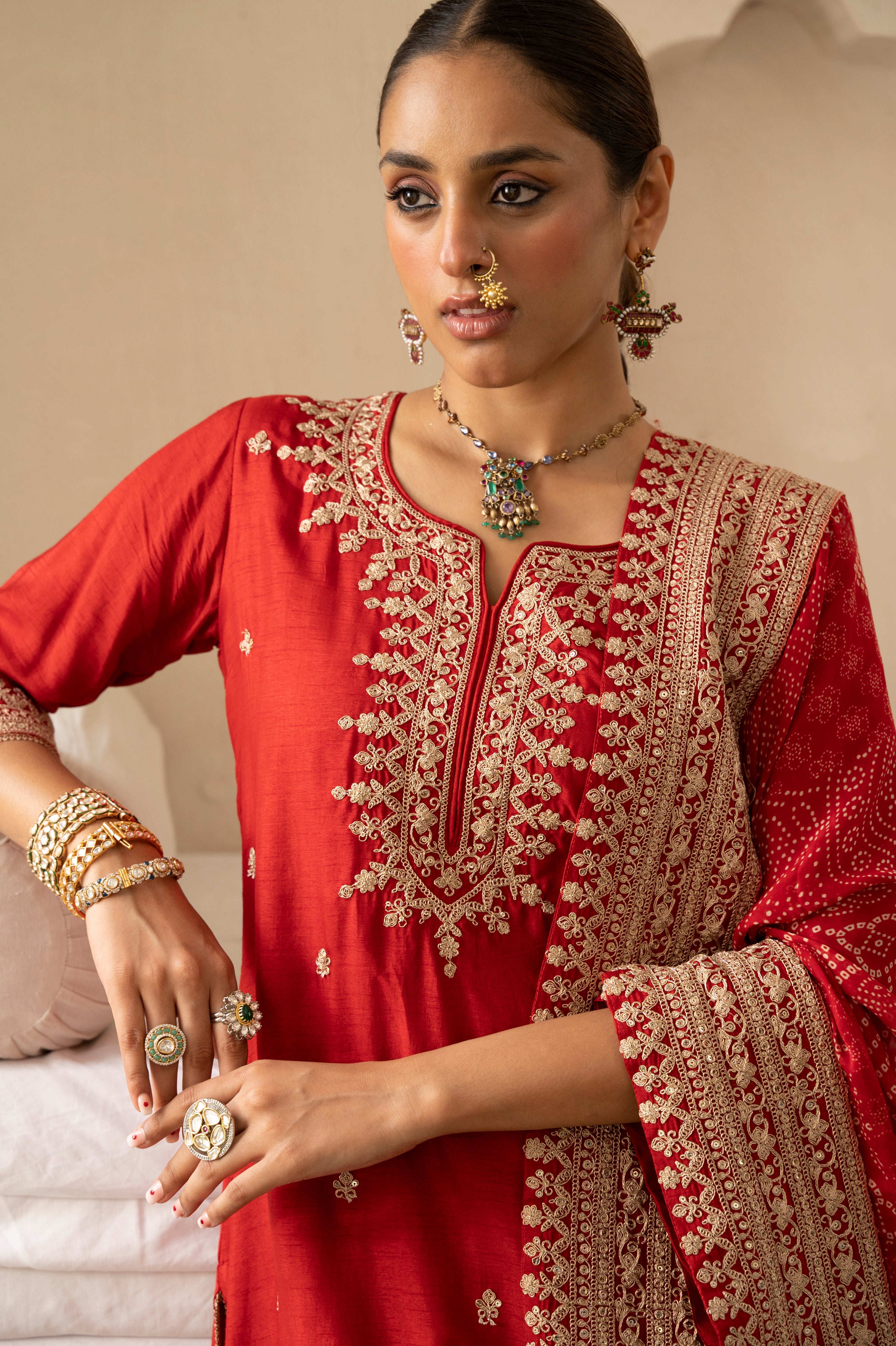 Pure Red Embellished Dola Silk Pant Set