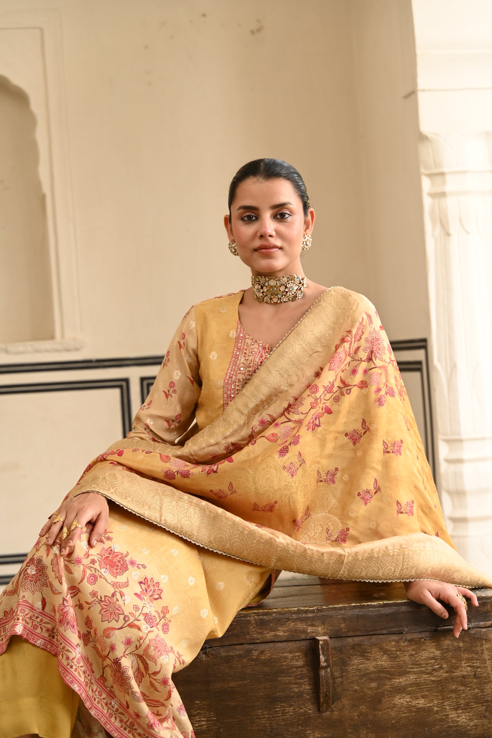 Mustard Yellow Printed Jacquard Silk Pant Set