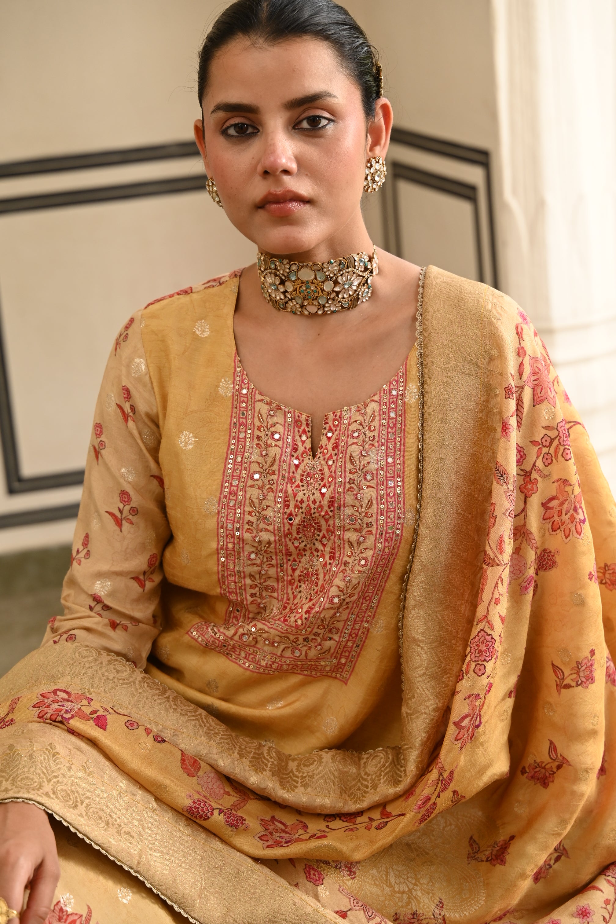 Mustard Yellow Printed Jacquard Silk Pant Set