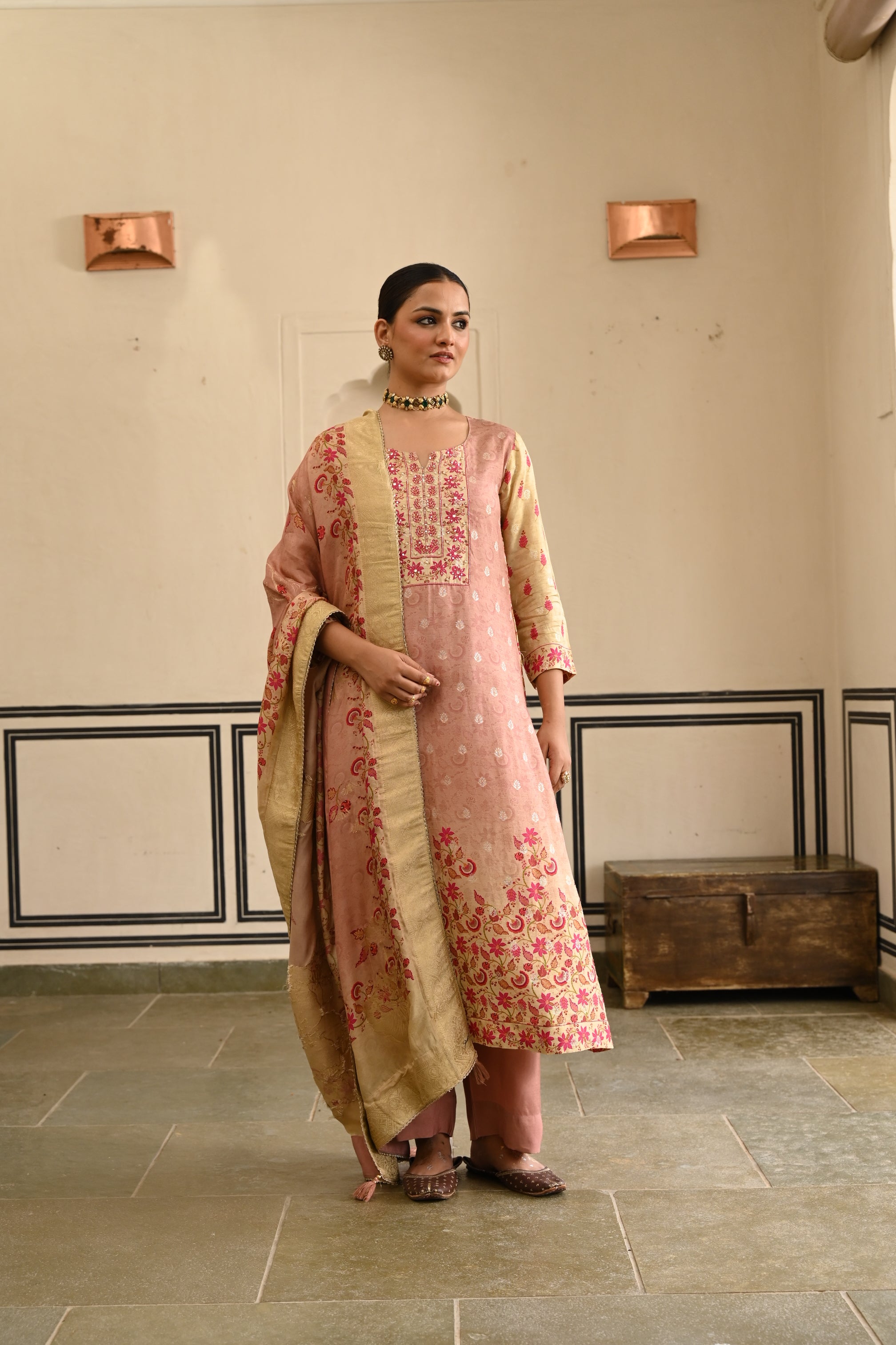 Onion Pink Printed Jacquard Silk Pant Set