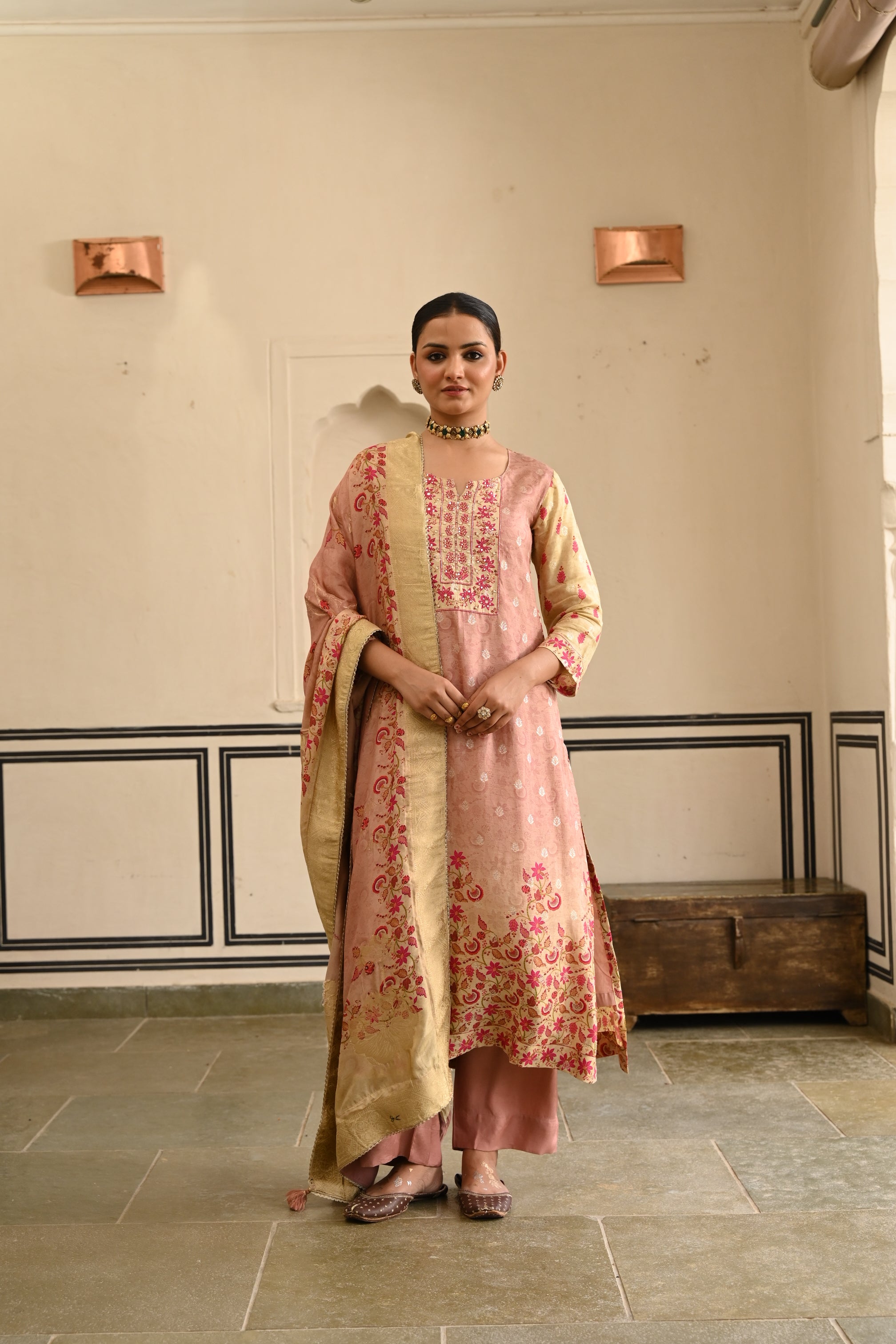 Onion Pink Printed Jacquard Silk Pant Set