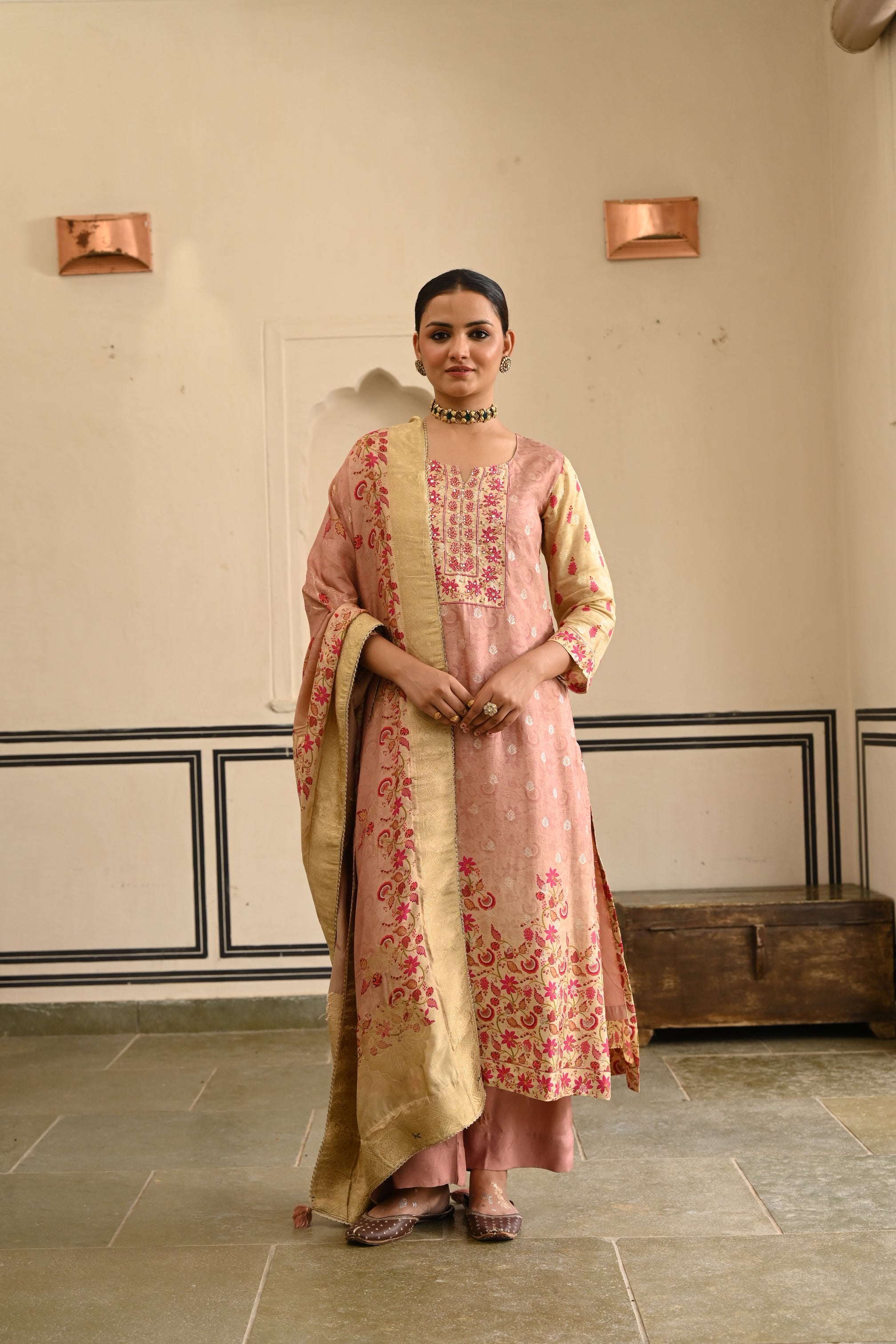 Onion Pink Printed Jacquard Silk Pant Set