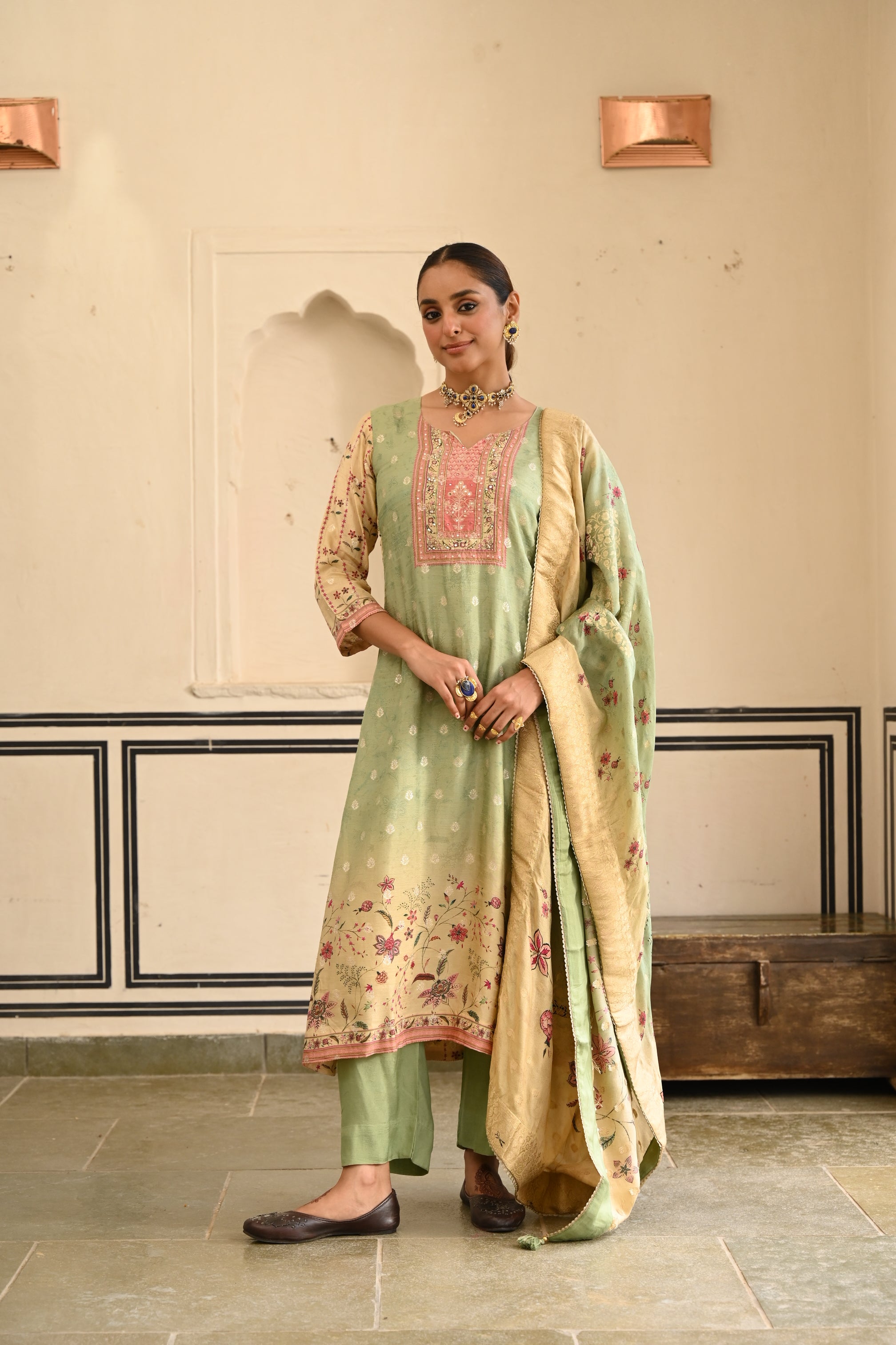Pastel Green Printed Jacquard Silk Pant Set