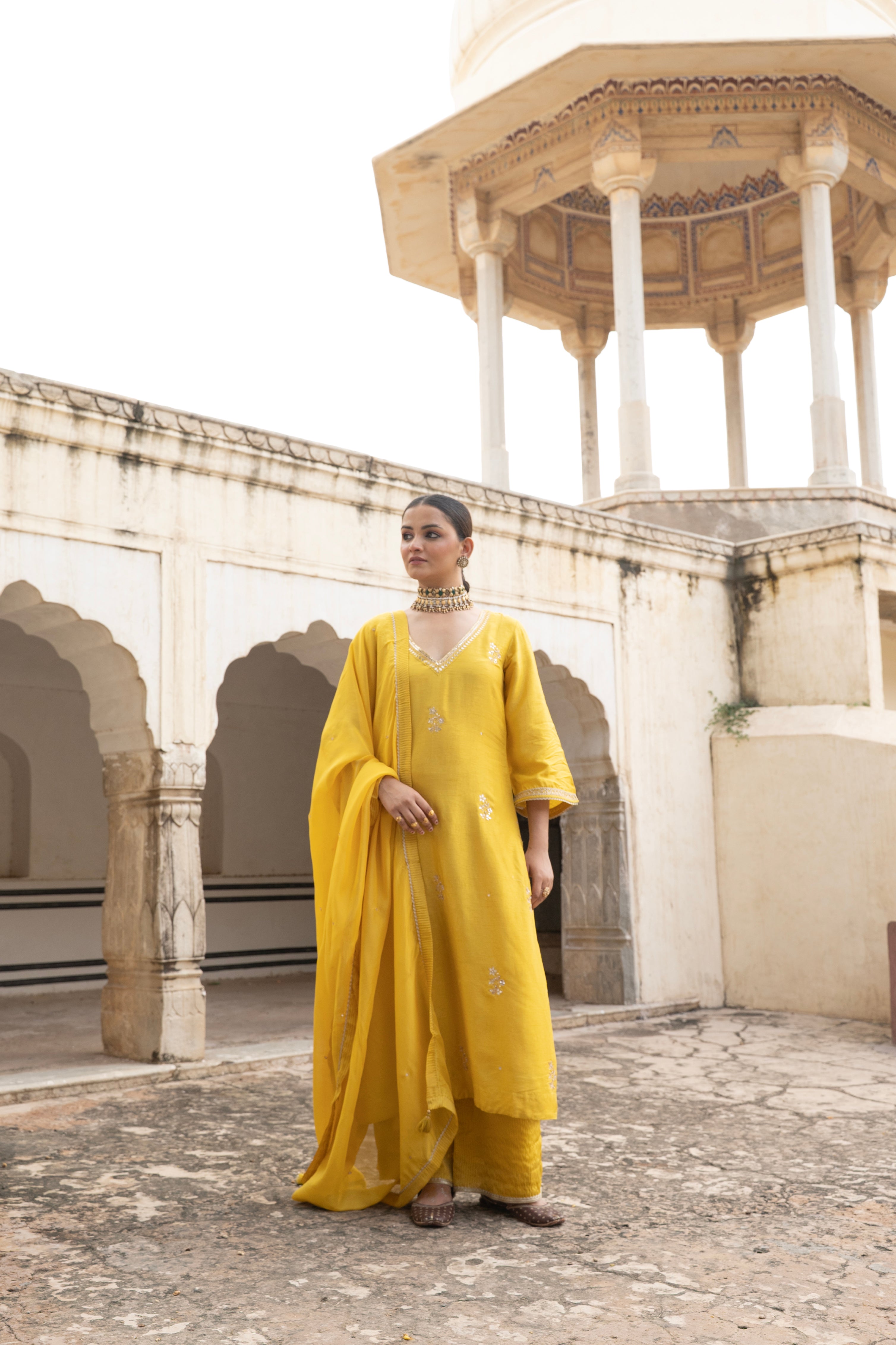 Marigold Yellow Embellished Dola Silk Pant Set