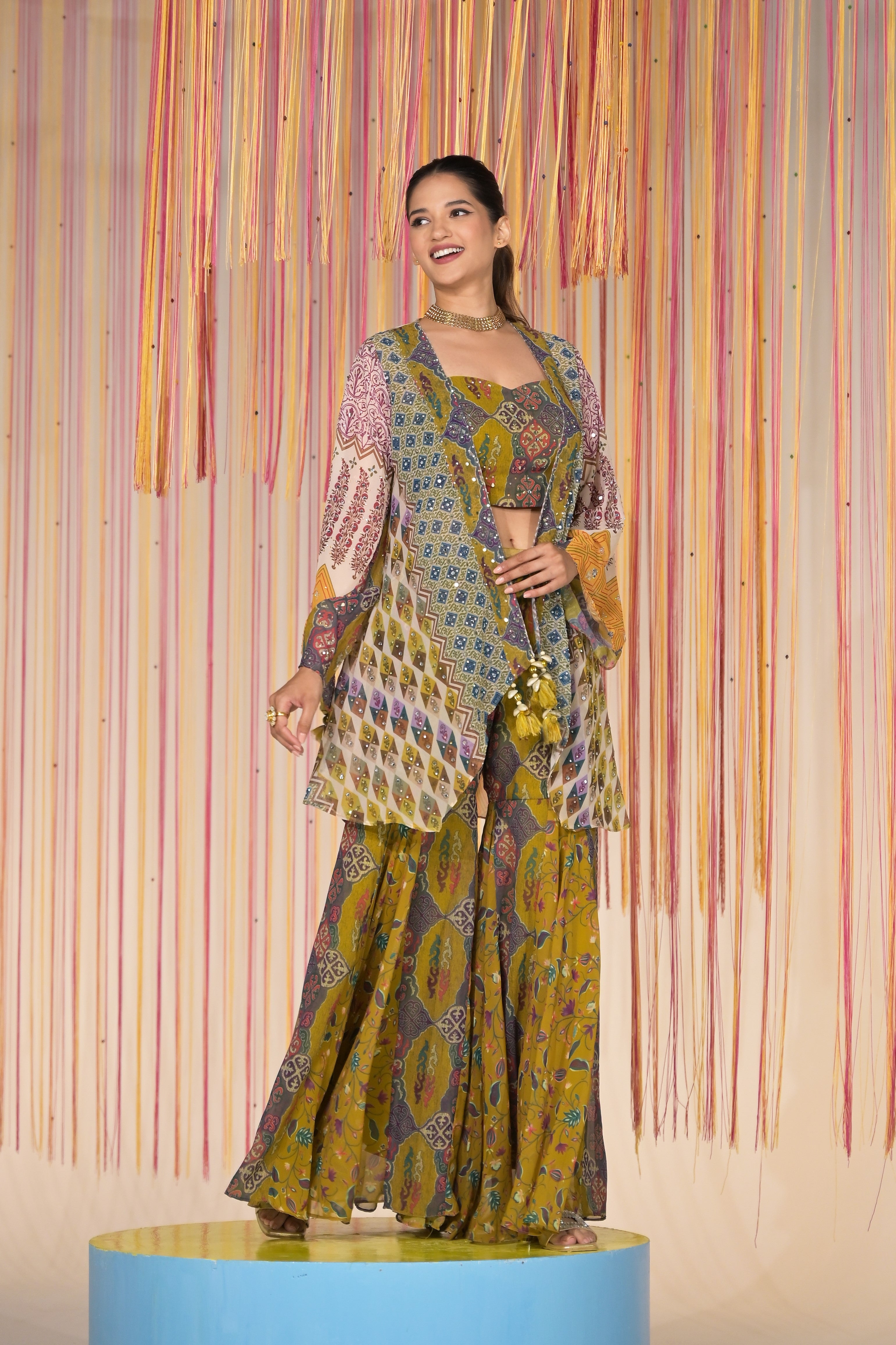 Sheen Green Printed Organza Silk Cape Set