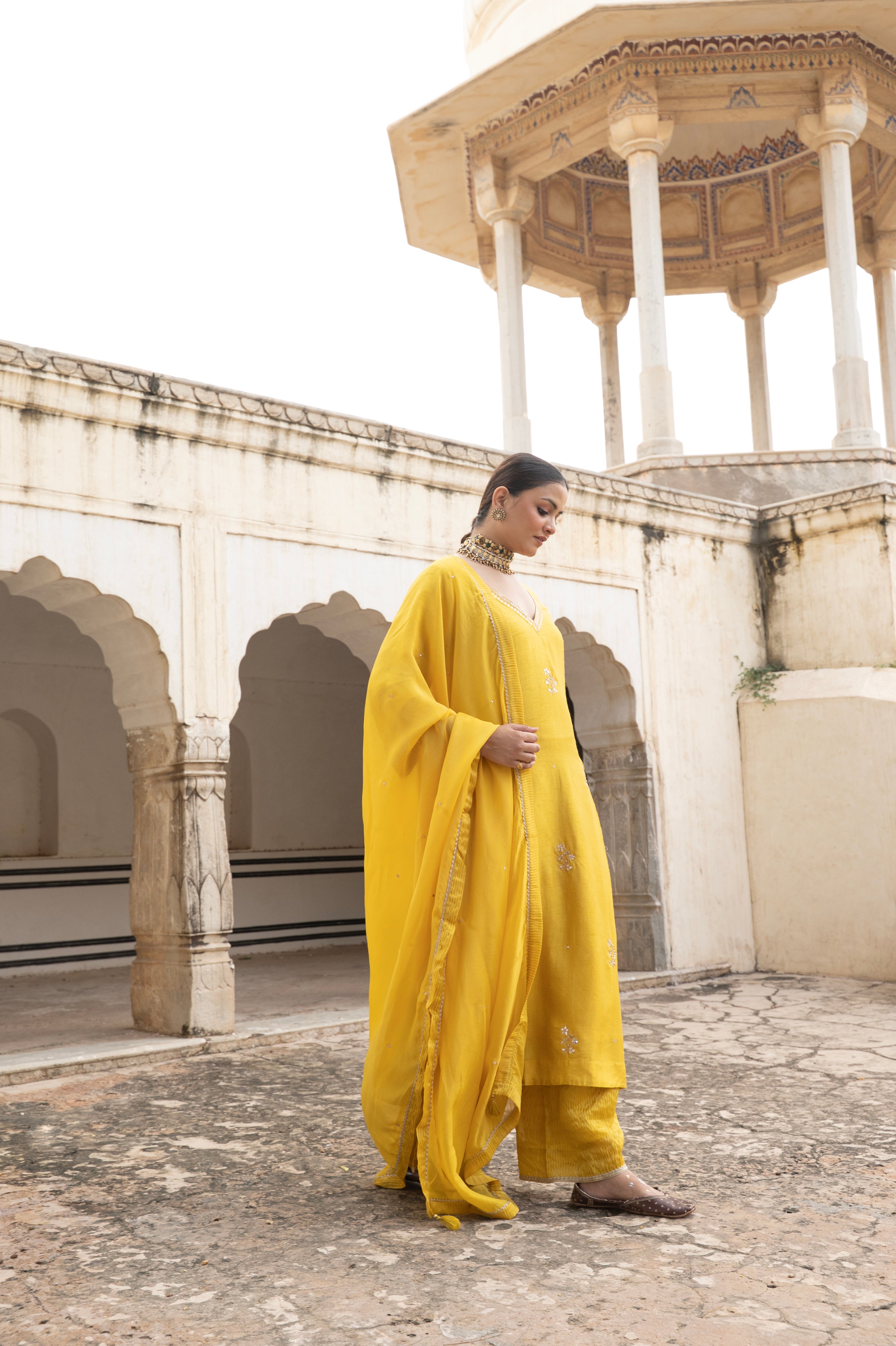 Marigold Yellow Embellished Dola Silk Pant Set
