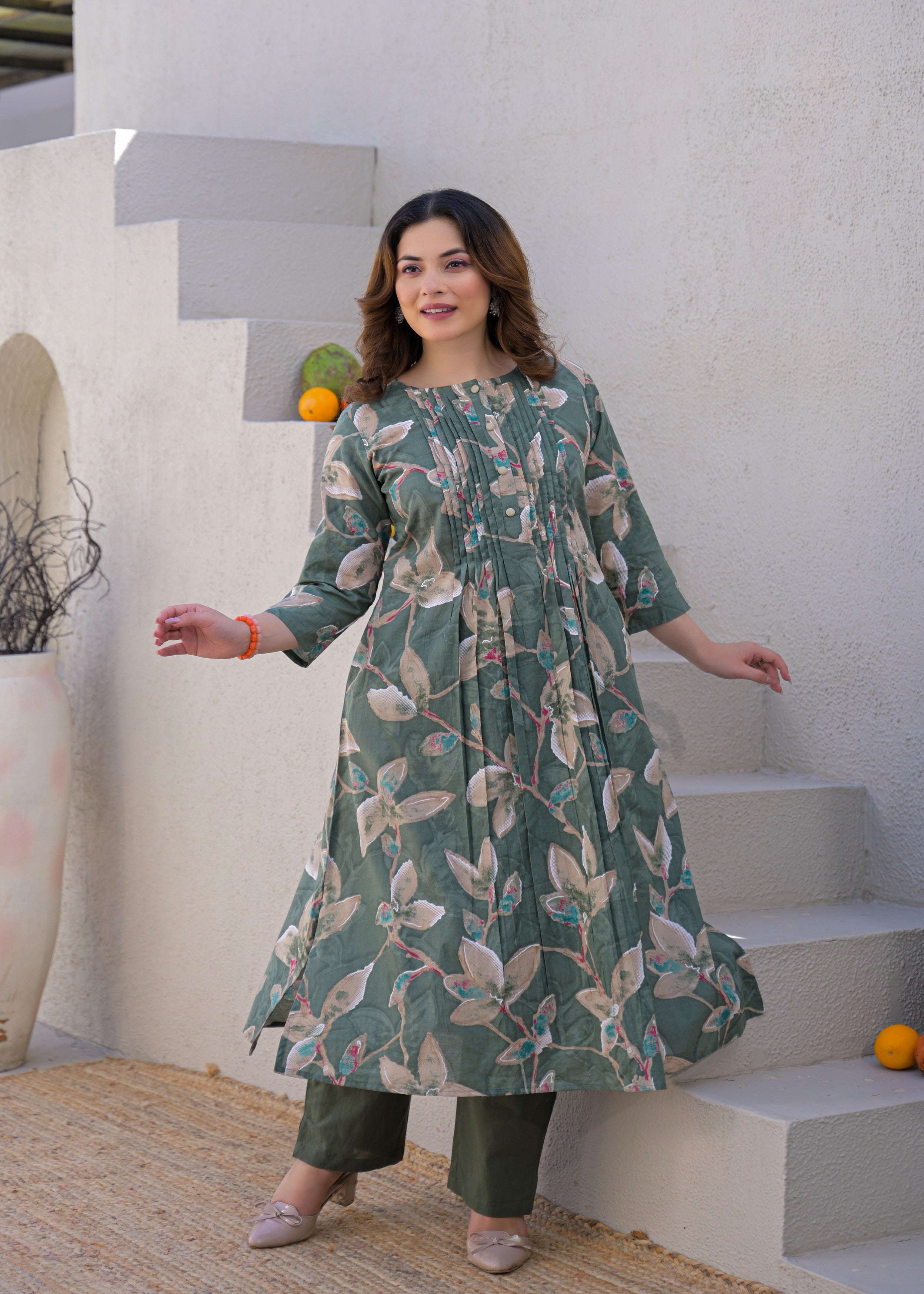 Dusty Green Botanical Printed Mul Cotton Kurta Set