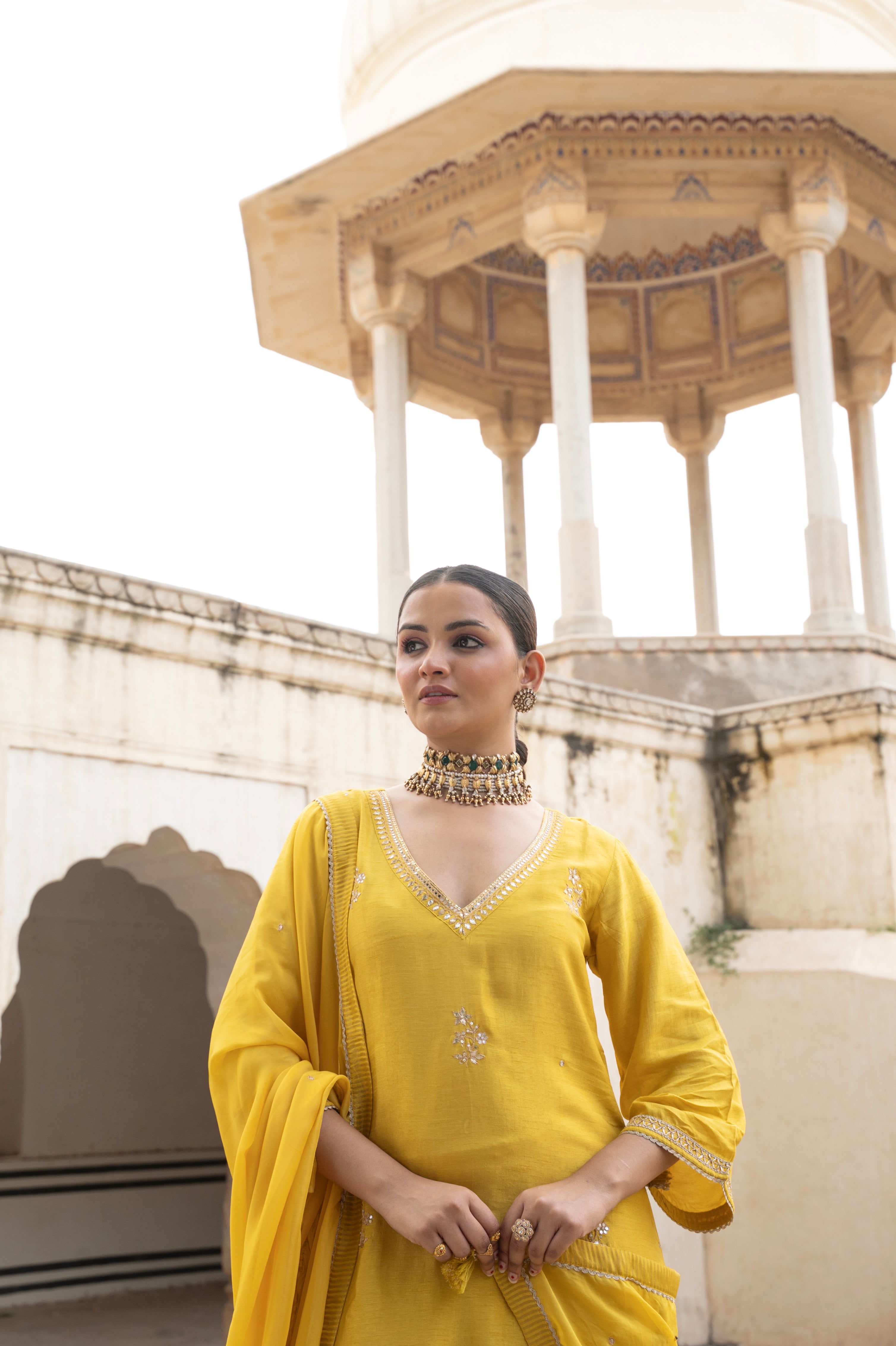 Marigold Yellow Embellished Dola Silk Pant Set