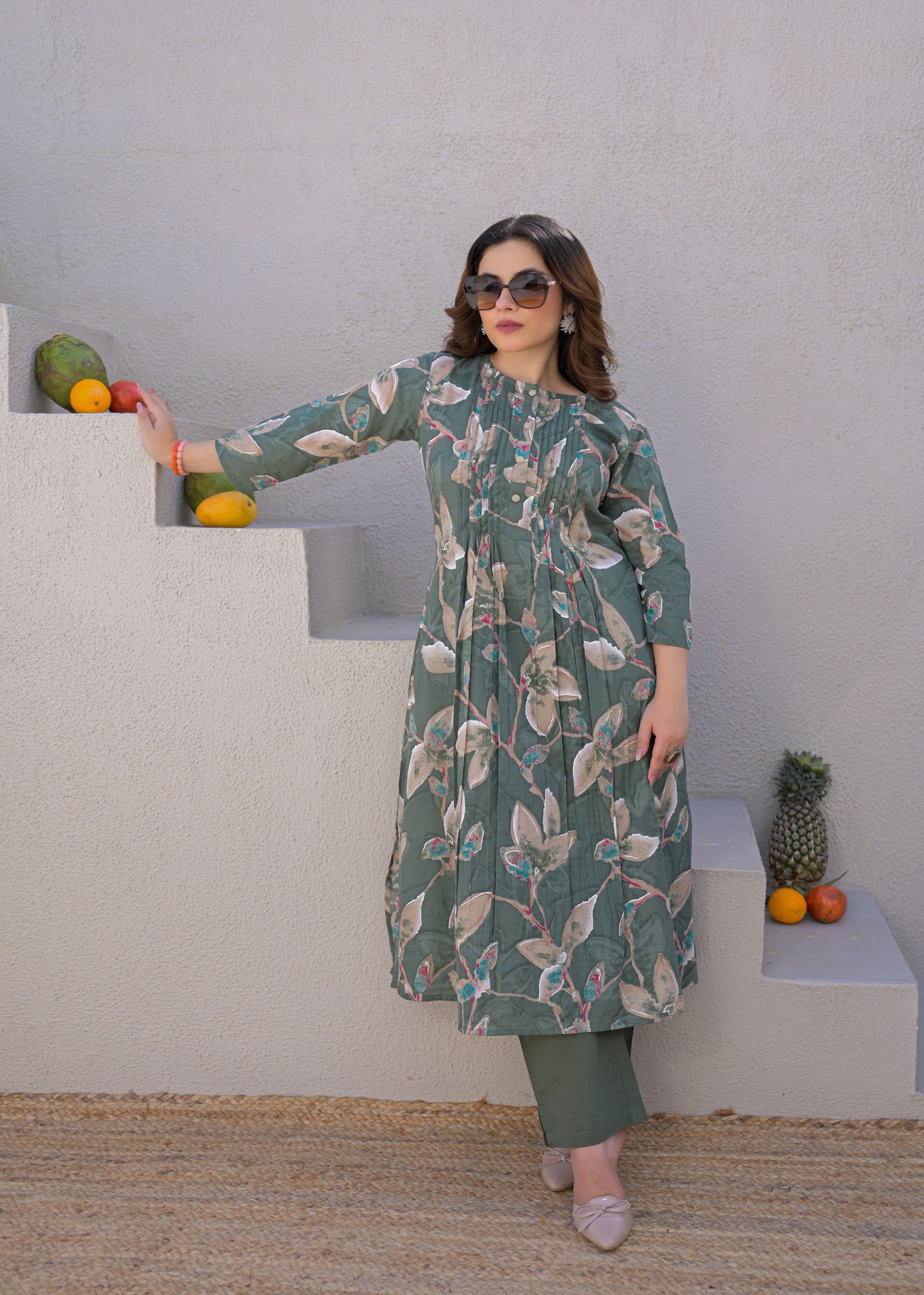 Dusty Green Botanical Printed Mul Cotton Kurta Set