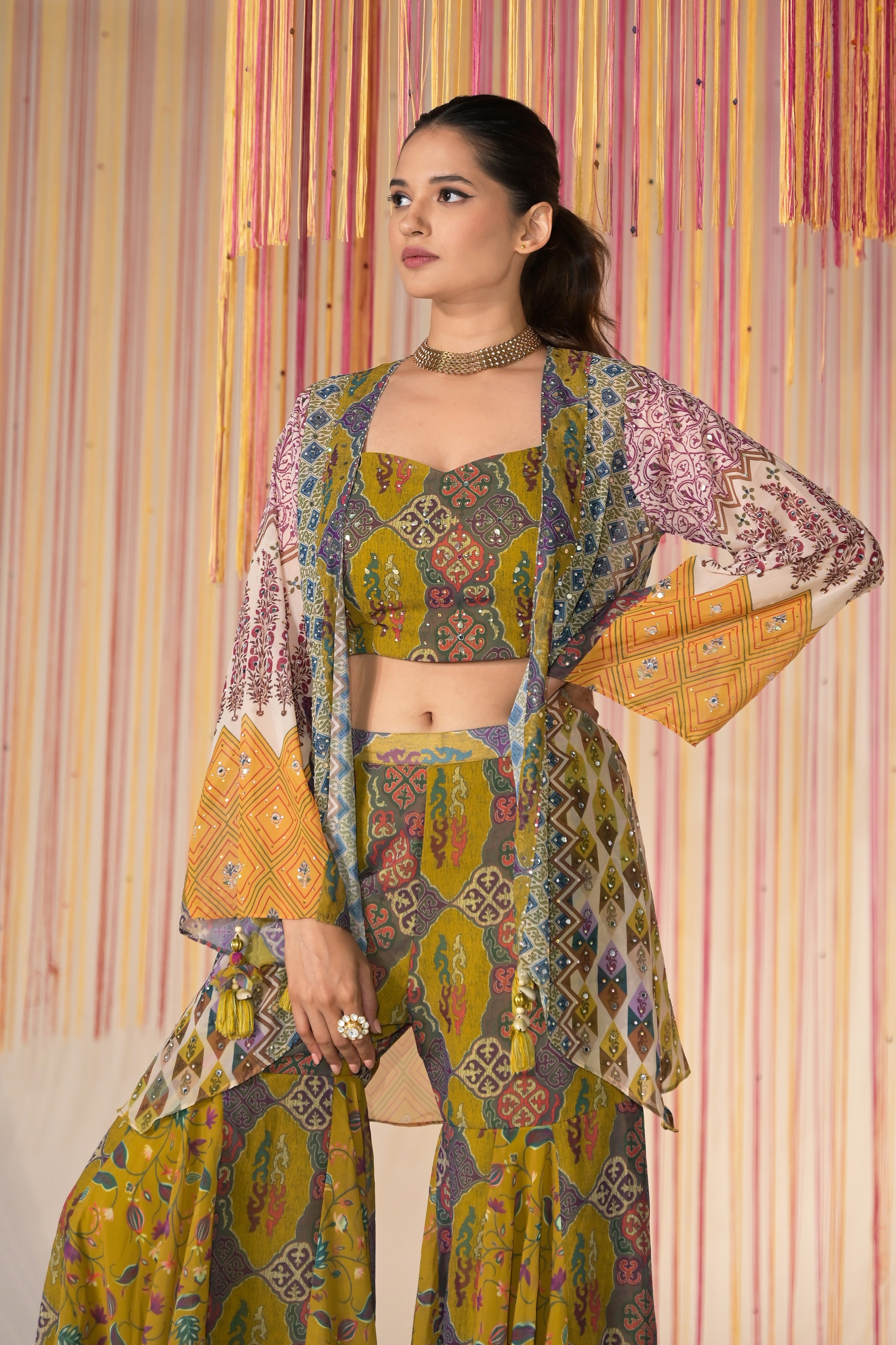 Sheen Green Printed Organza Silk Cape Set