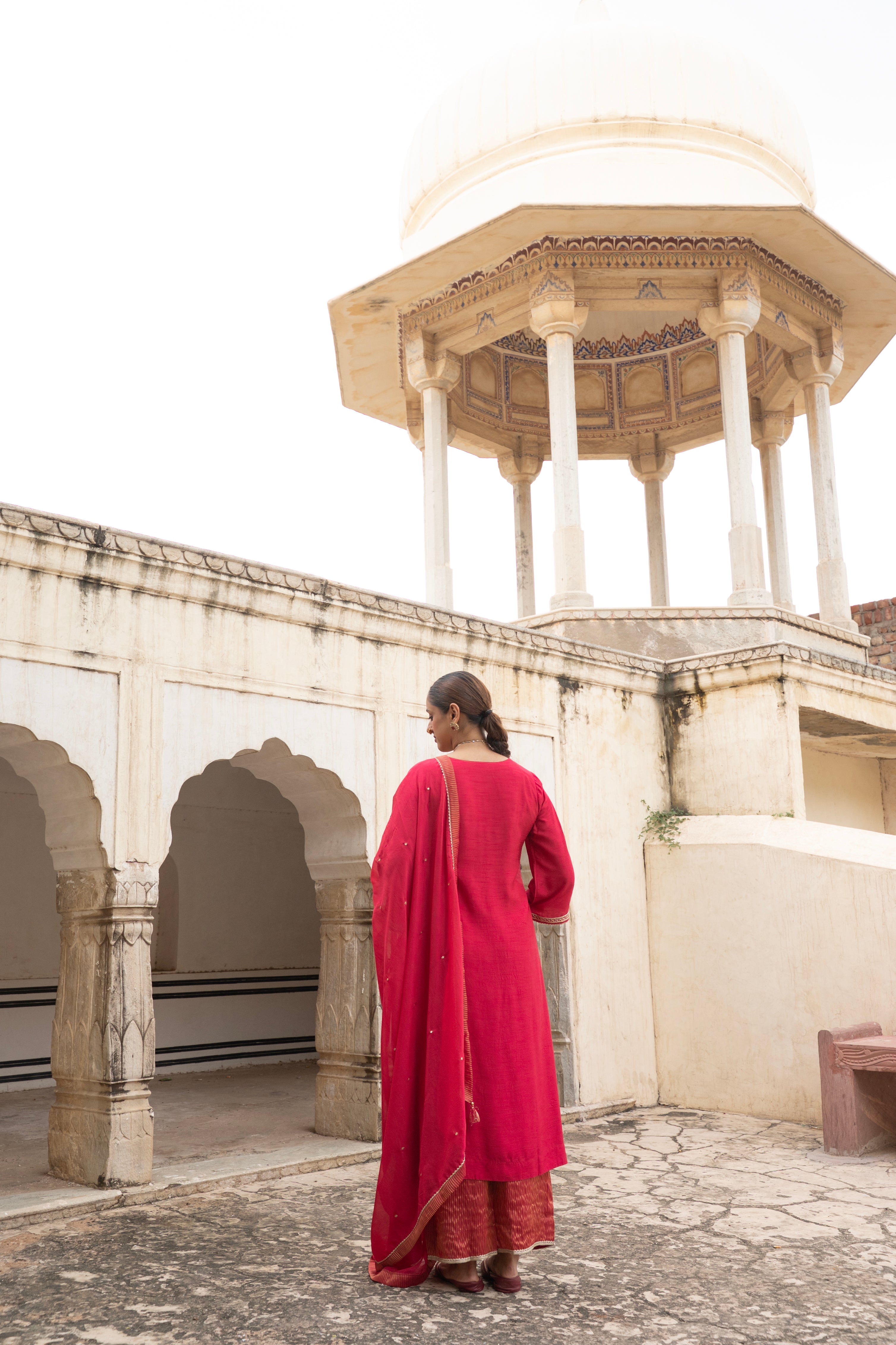 Scarlet Red Embellished Dola Silk Pant Set