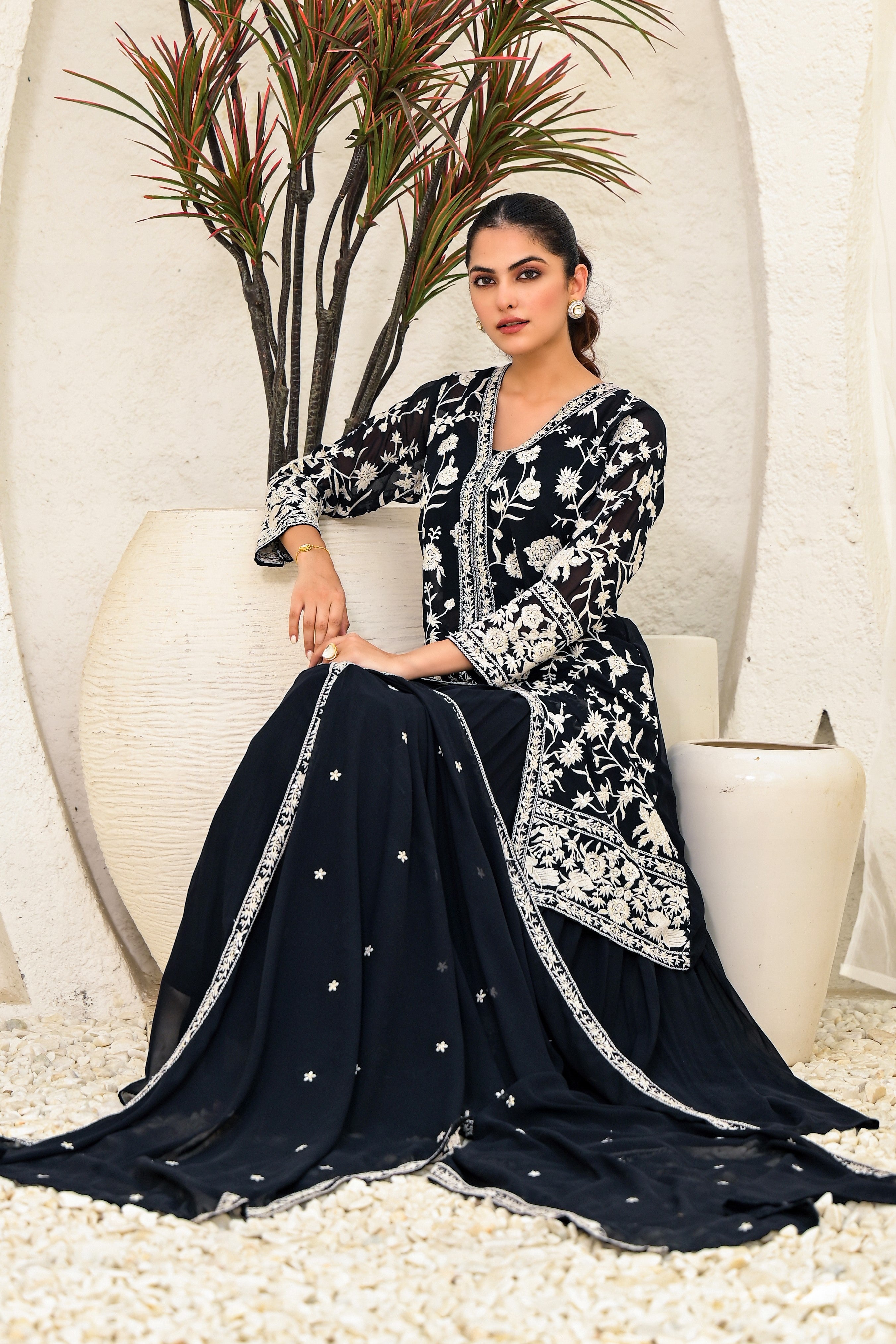 Classic Black Embroidered Georgette Silk Skirt Set