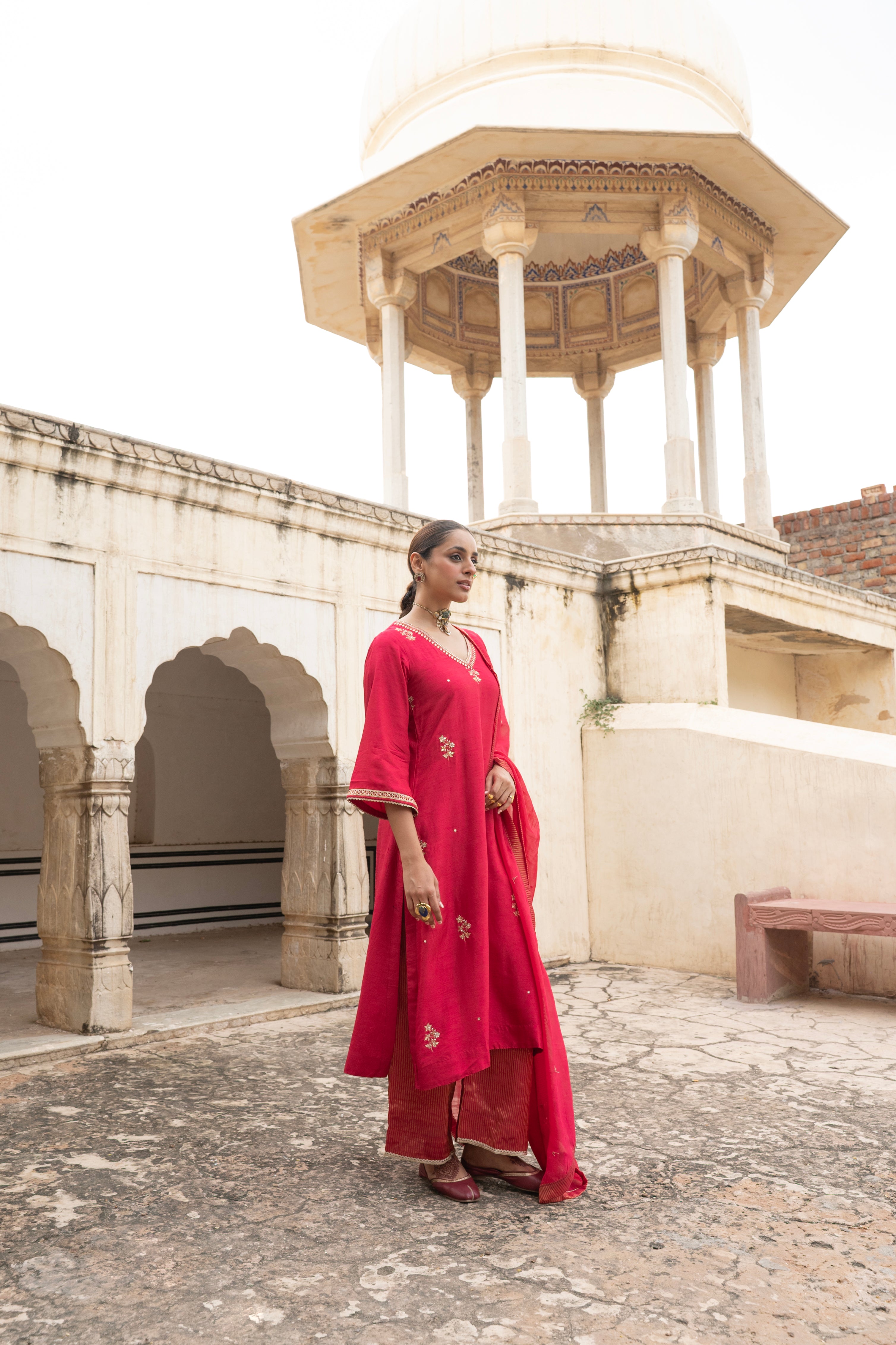 Scarlet Red Embellished Dola Silk Pant Set