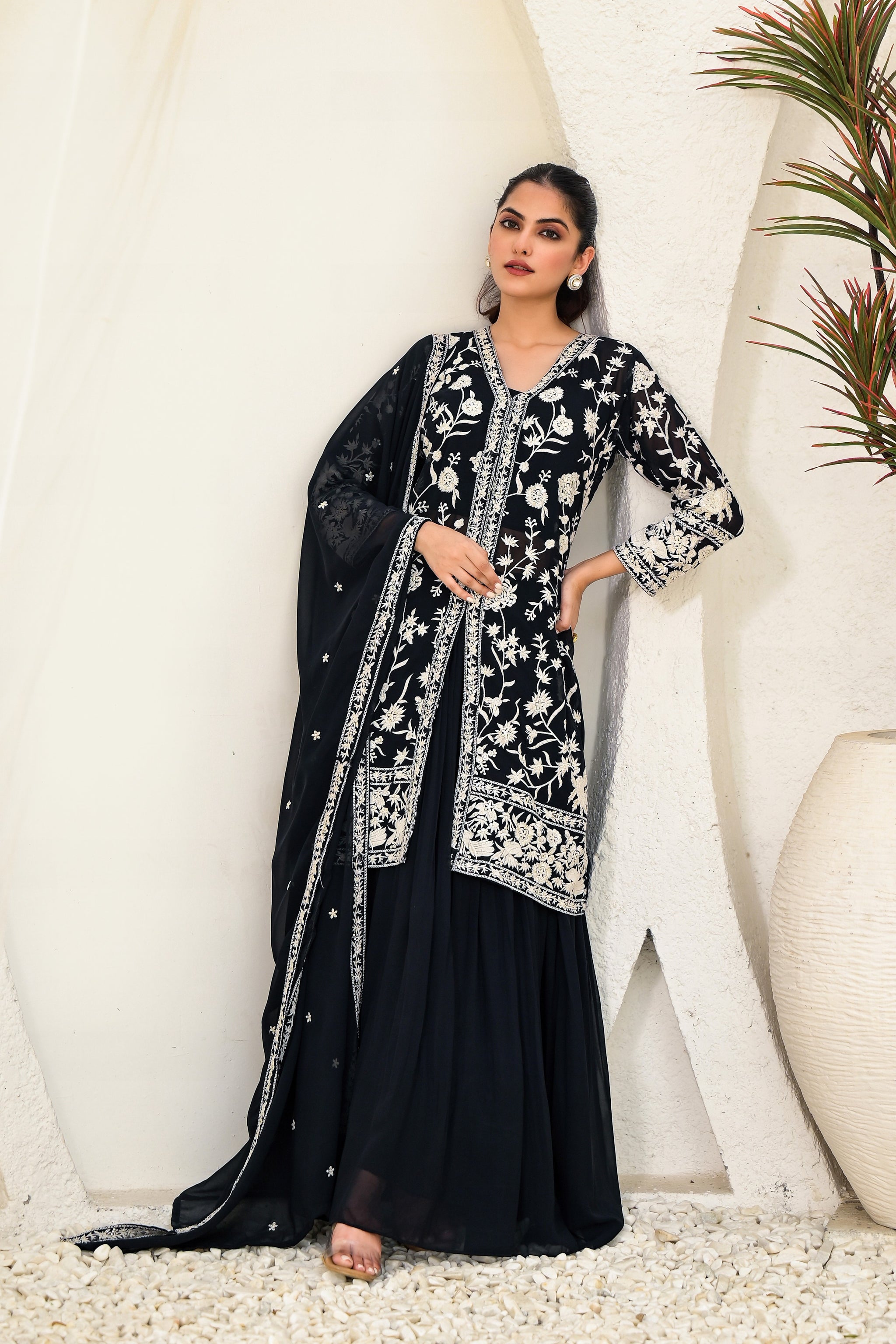 Classic Black Embroidered Georgette Silk Skirt Set