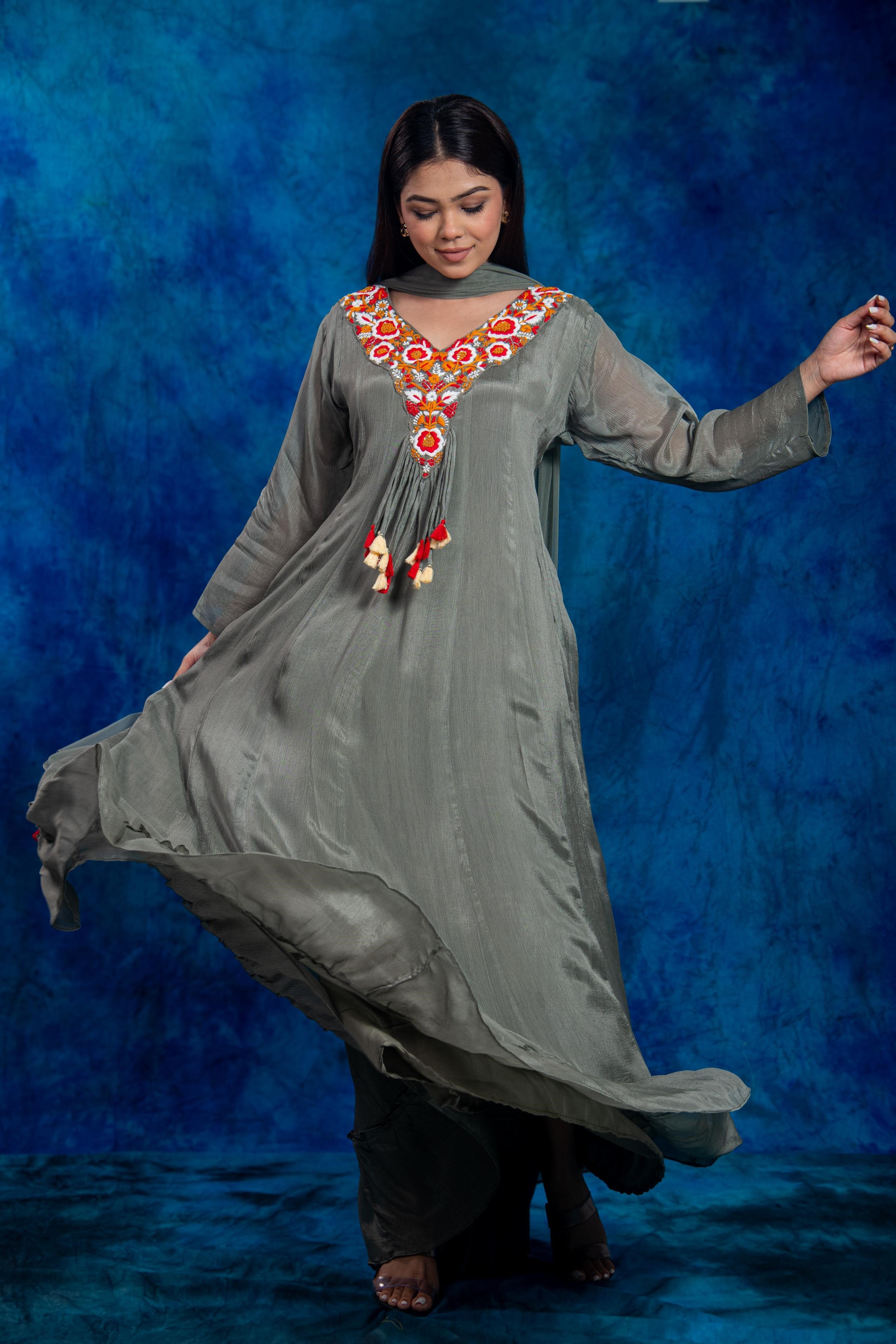 Grey Embroidered Chinon Silk Anarkali Set