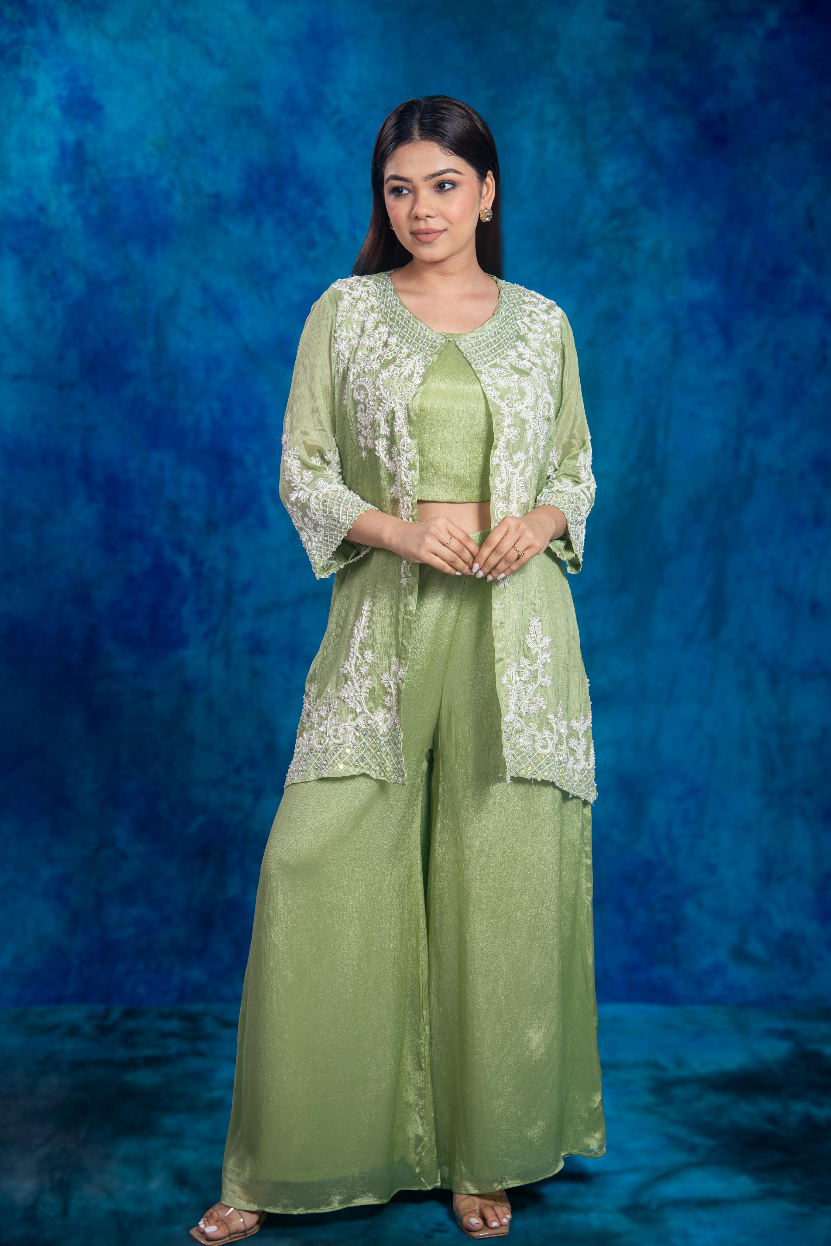 Green Embellished Chinon Silk Palazzo Set