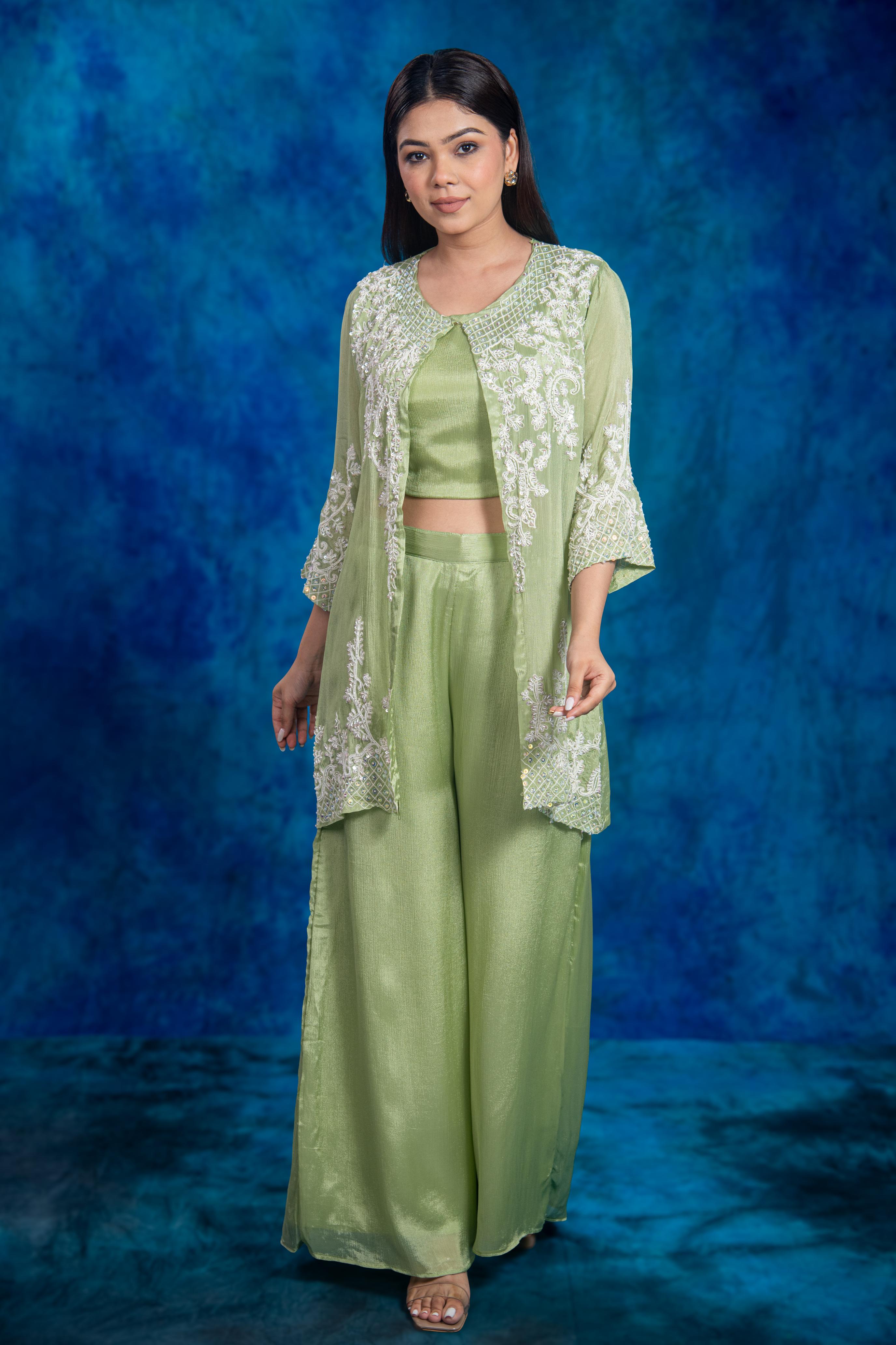Green Embellished Chinon Silk Palazzo Set