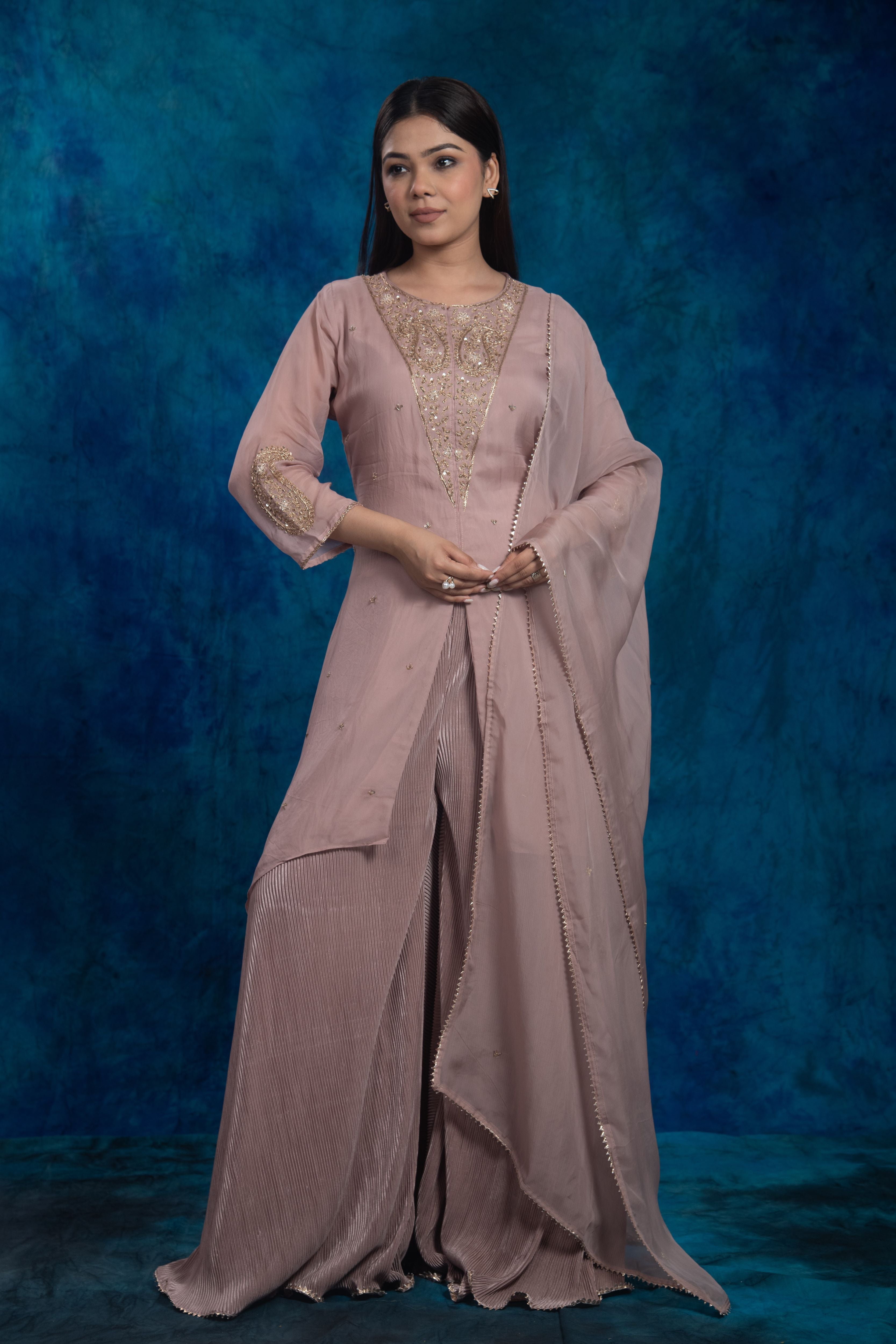 Dusty Mauve Embellished Organza Silk Palazzo Set