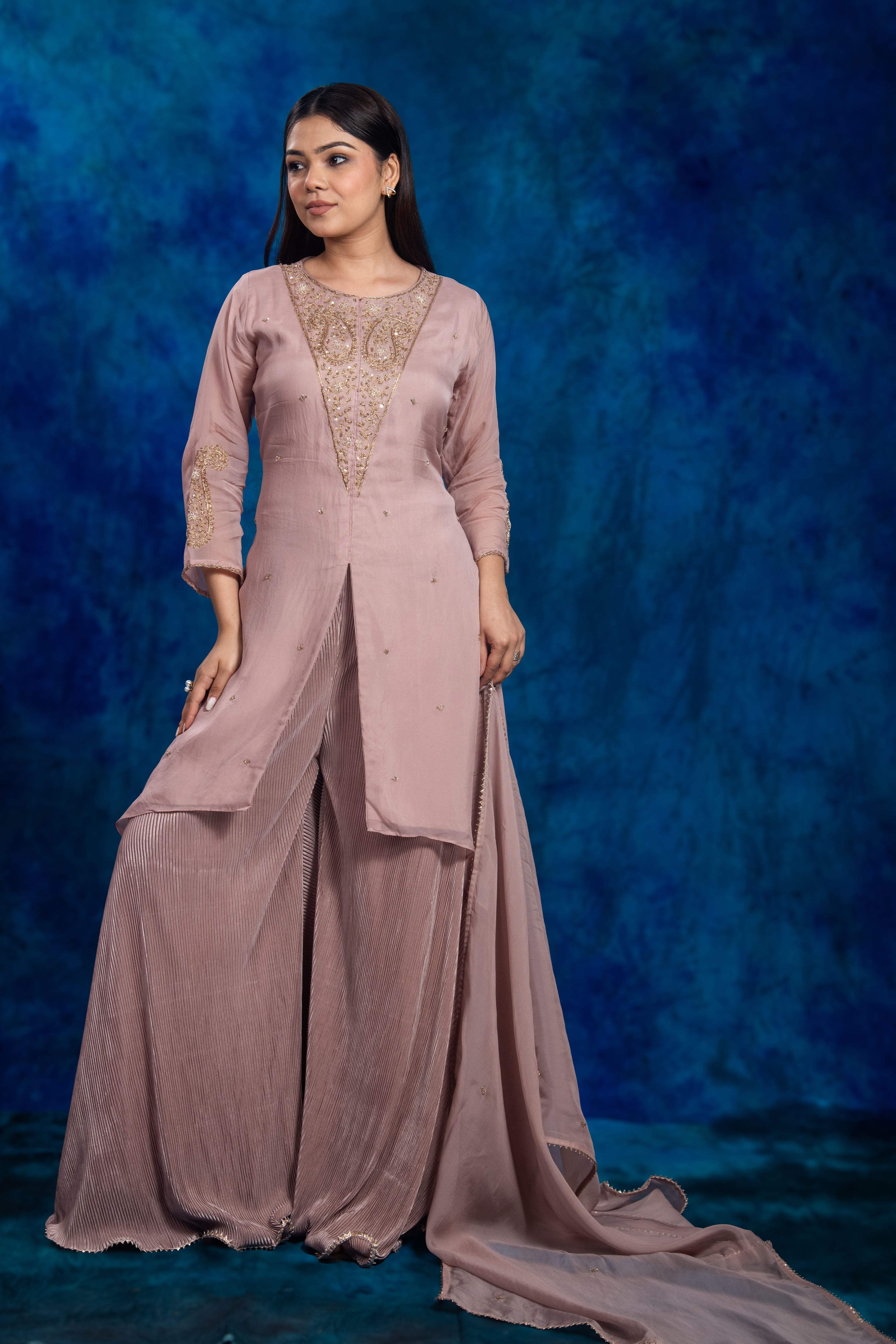 Dusty Mauve Embellished Organza Silk Palazzo Set