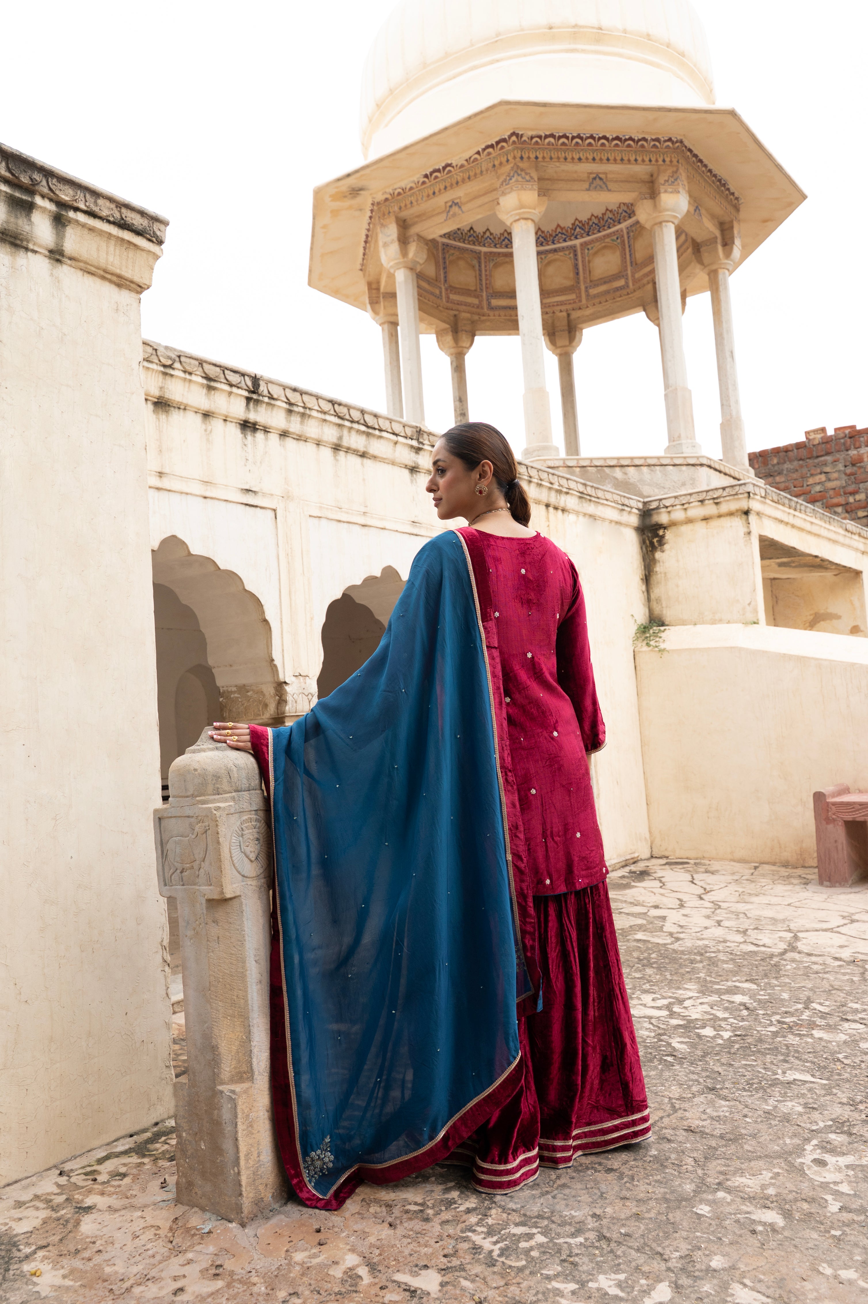 Rich Maroon Embellished Premium Velvet Sharara Set