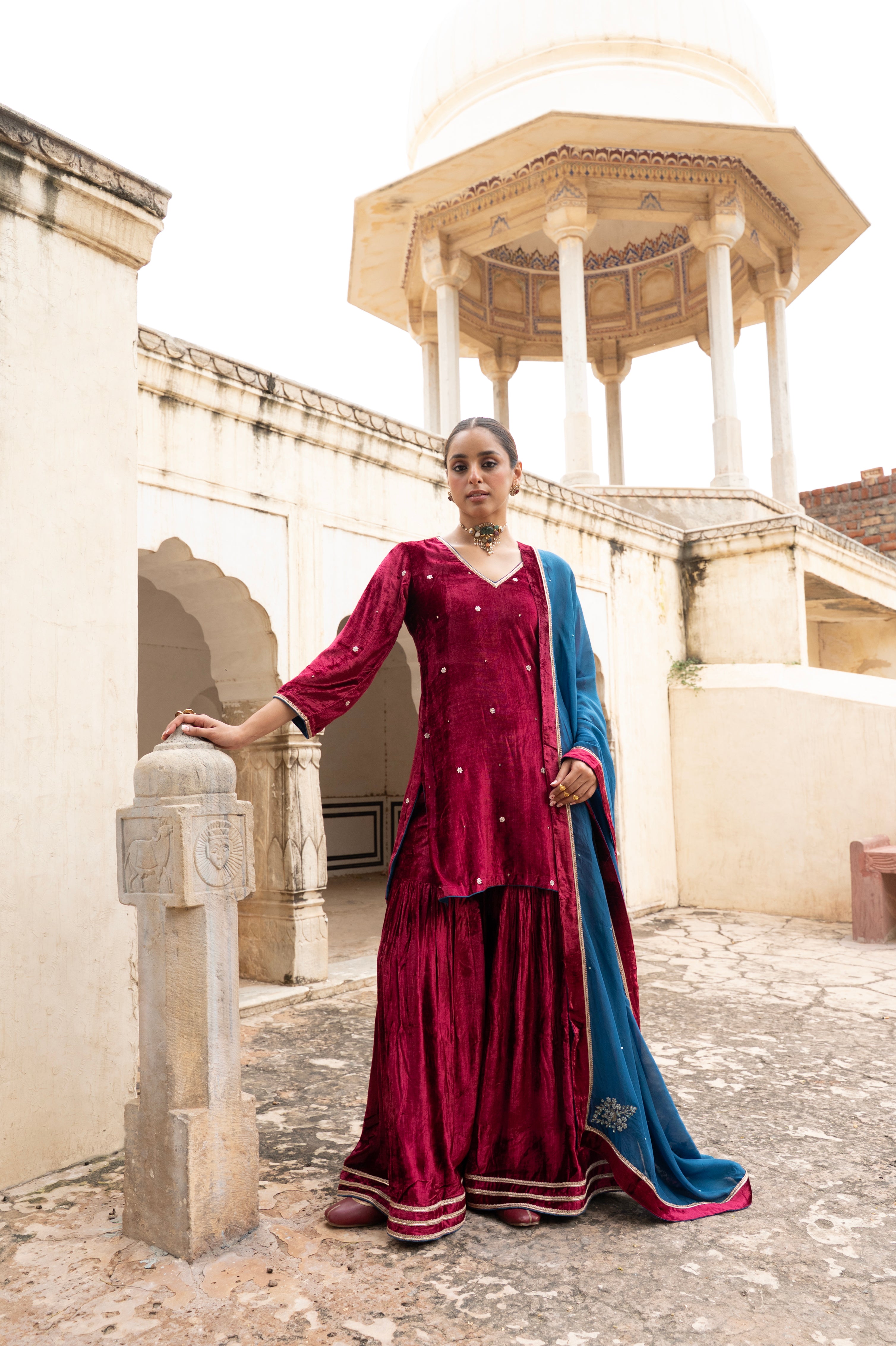 Rich Maroon Embellished Premium Velvet Sharara Set