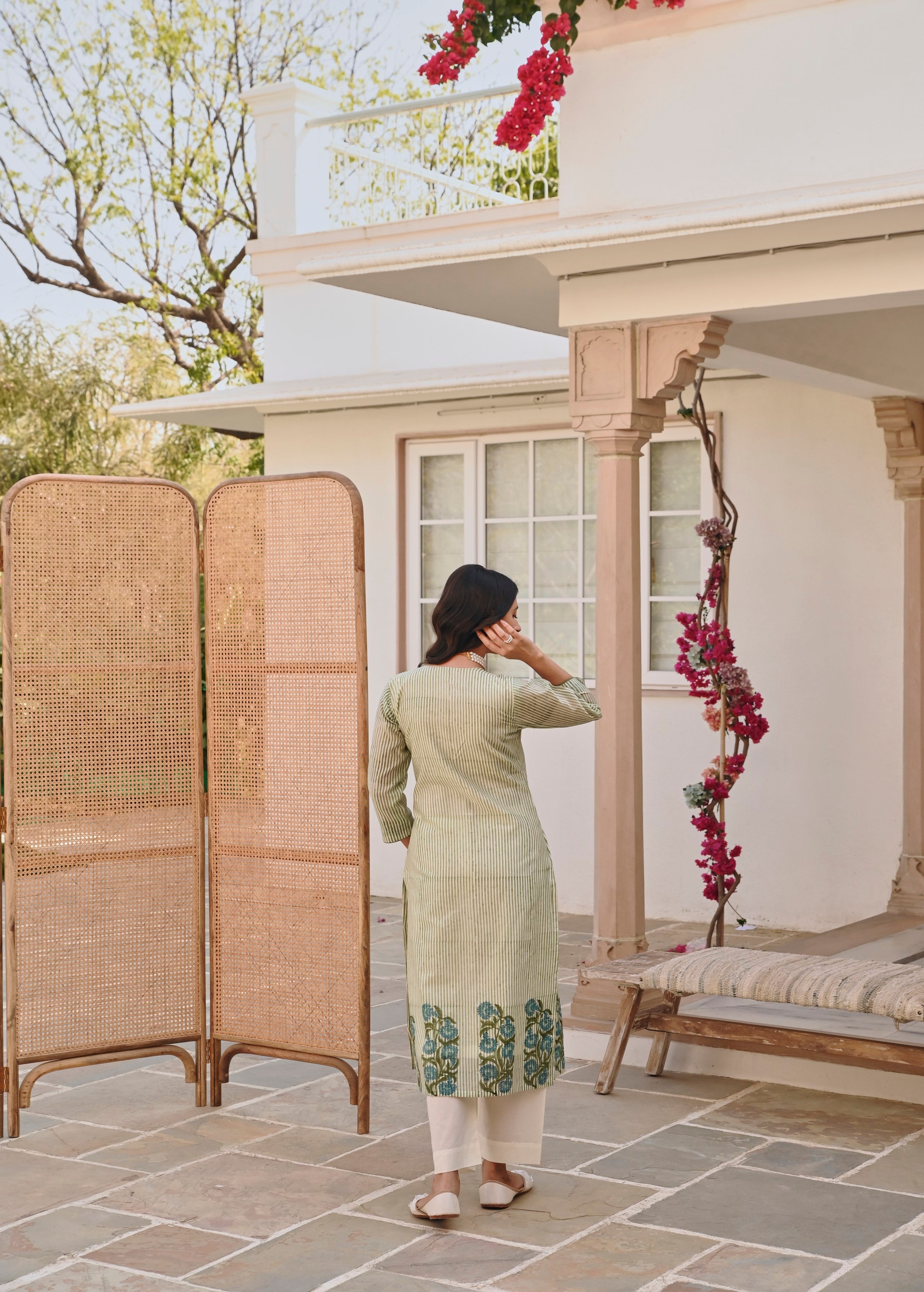 Pear Green Printed Chanderi Silk Pant Set