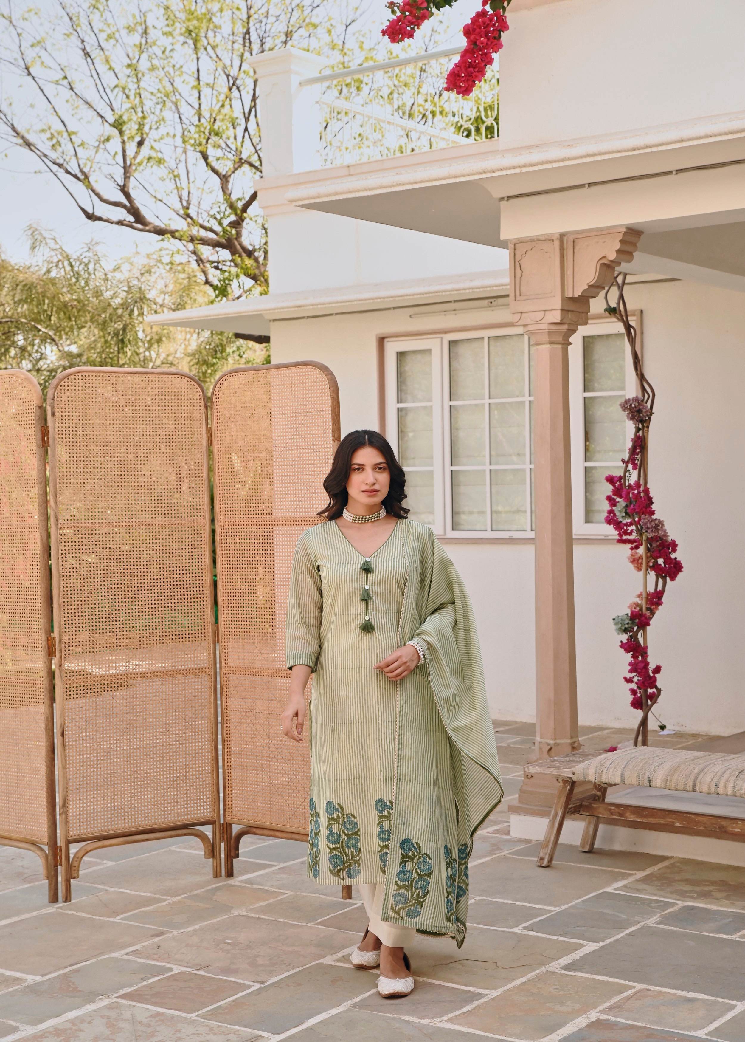 Pear Green Printed Chanderi Silk Pant Set