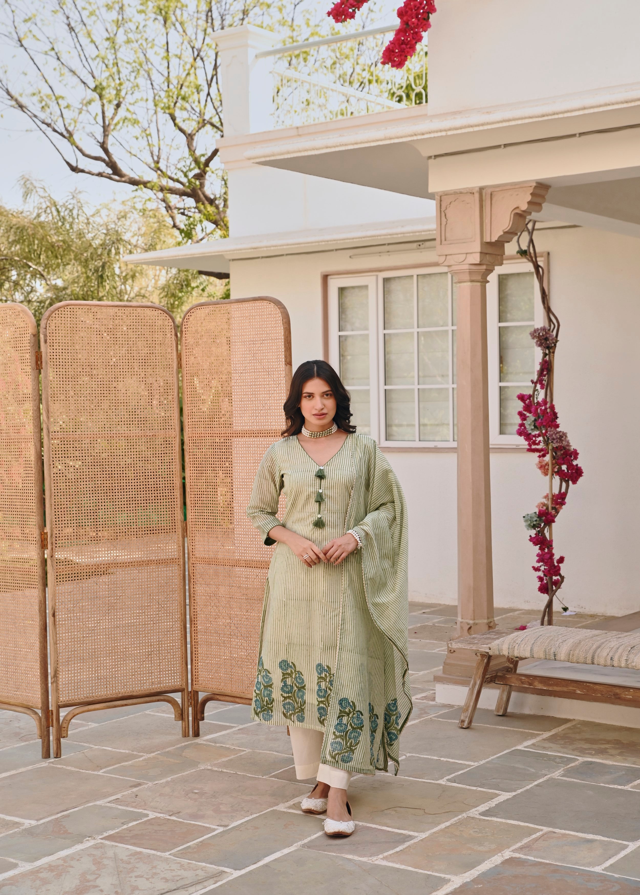 Pear Green Printed Chanderi Silk Pant Set