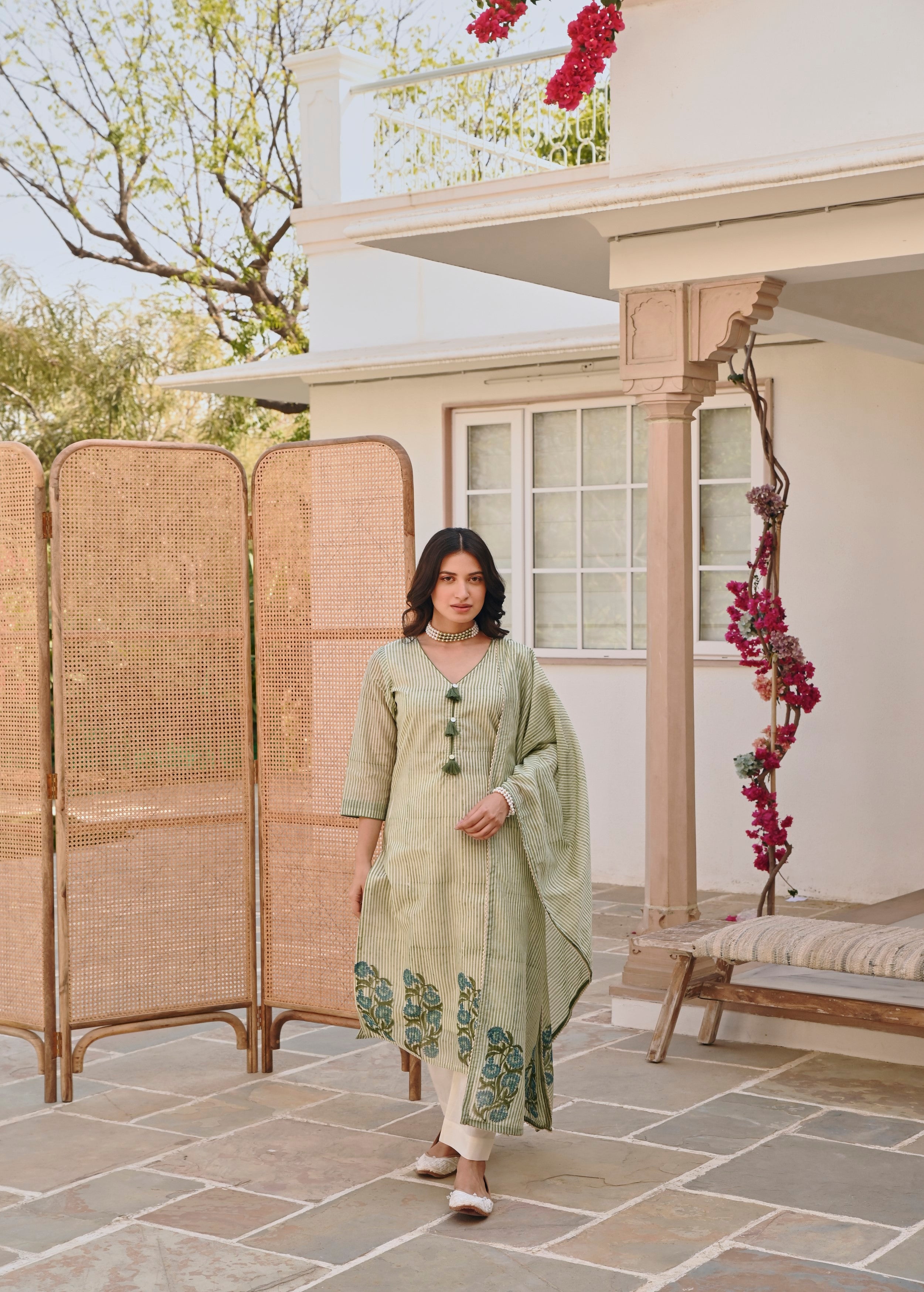 Pear Green Printed Chanderi Silk Pant Set