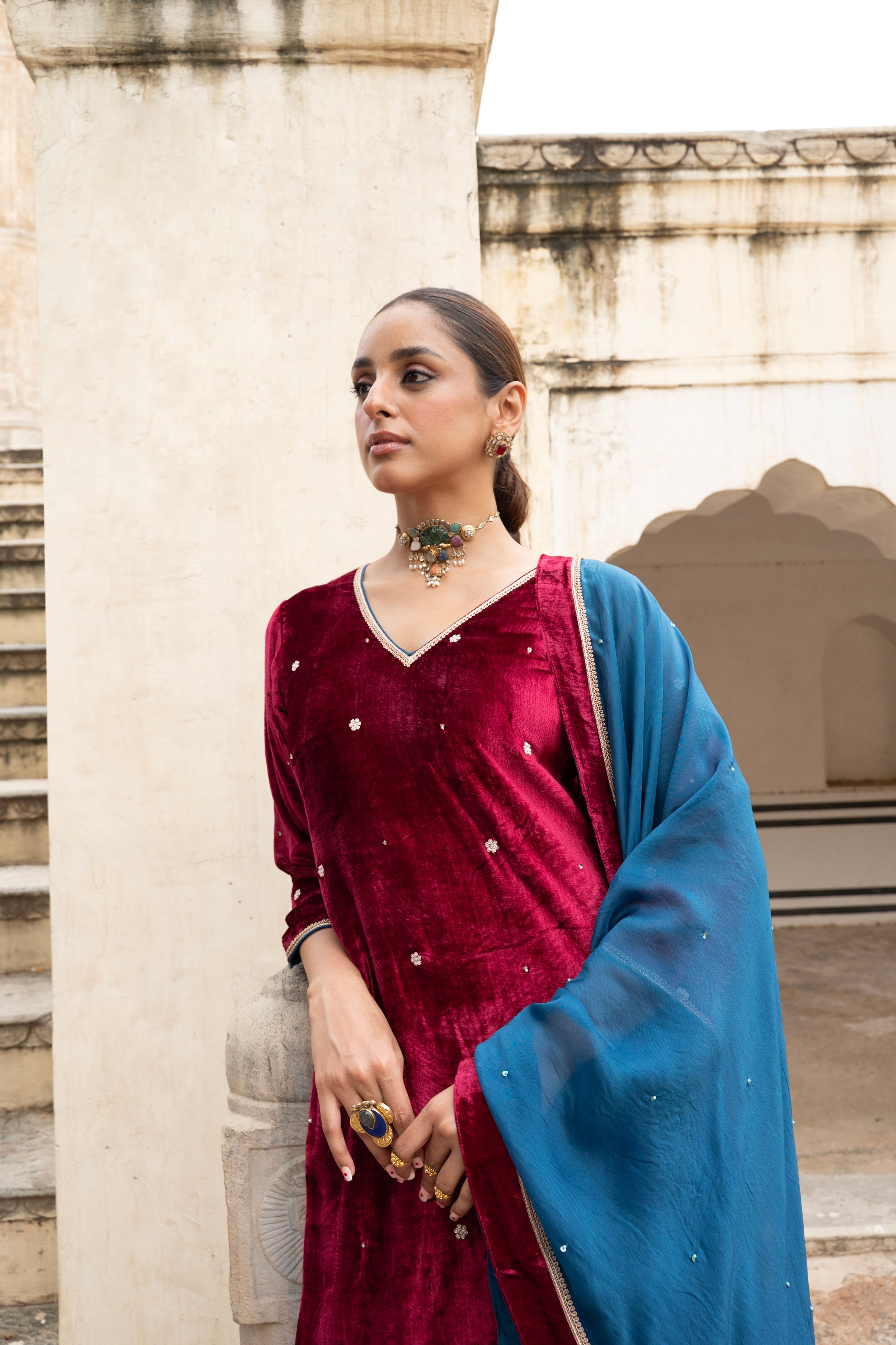 Rich Maroon Embellished Premium Velvet Sharara Set