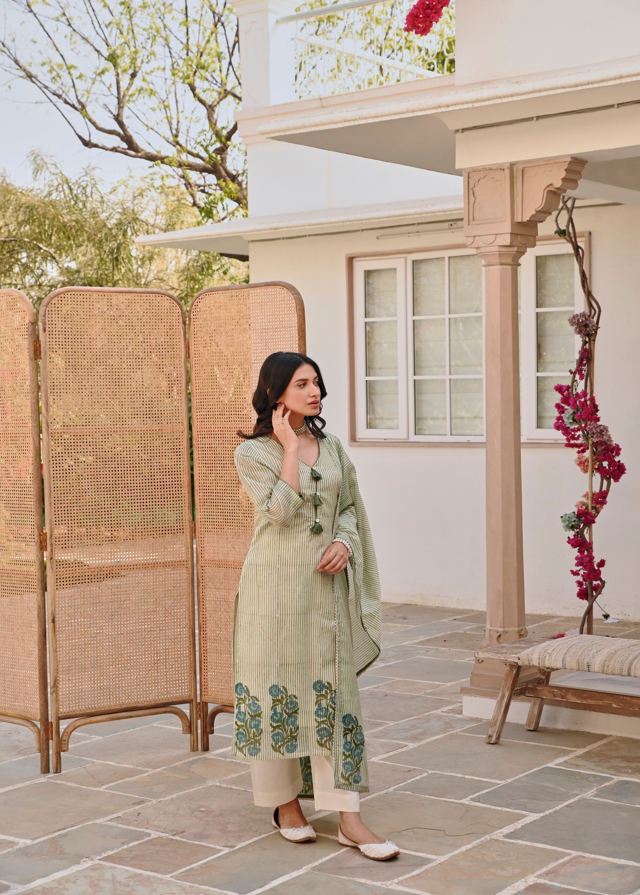 Pear Green Printed Chanderi Silk Pant Set