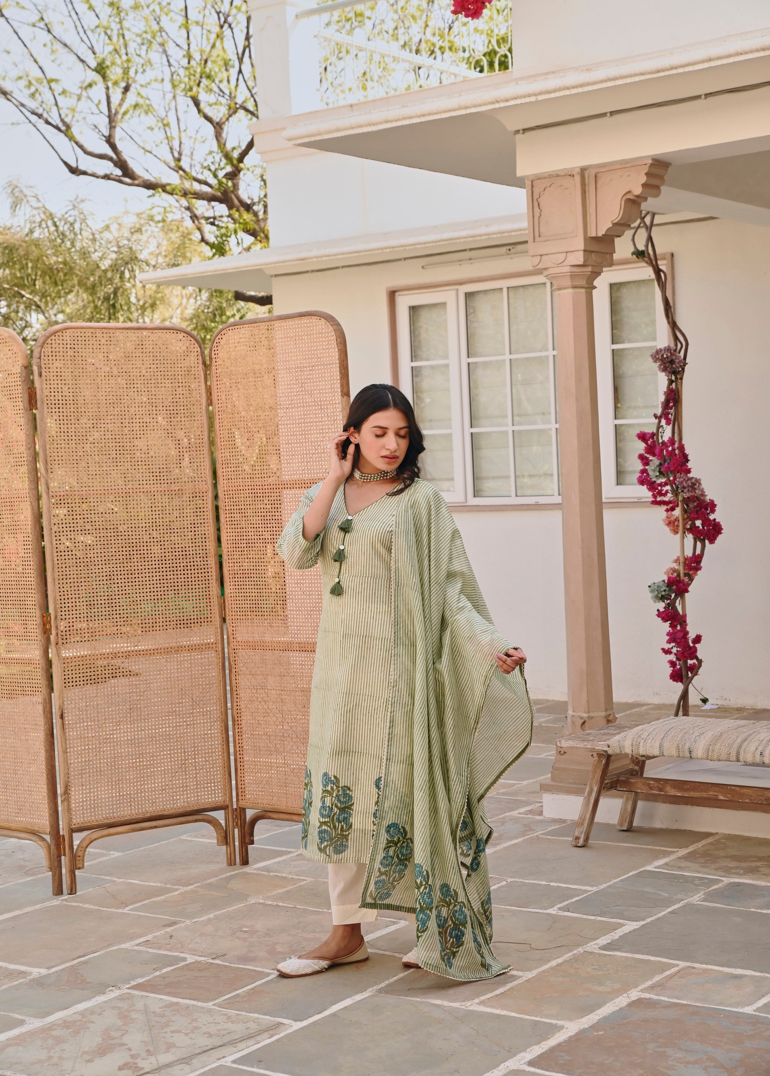 Pear Green Printed Chanderi Silk Pant Set