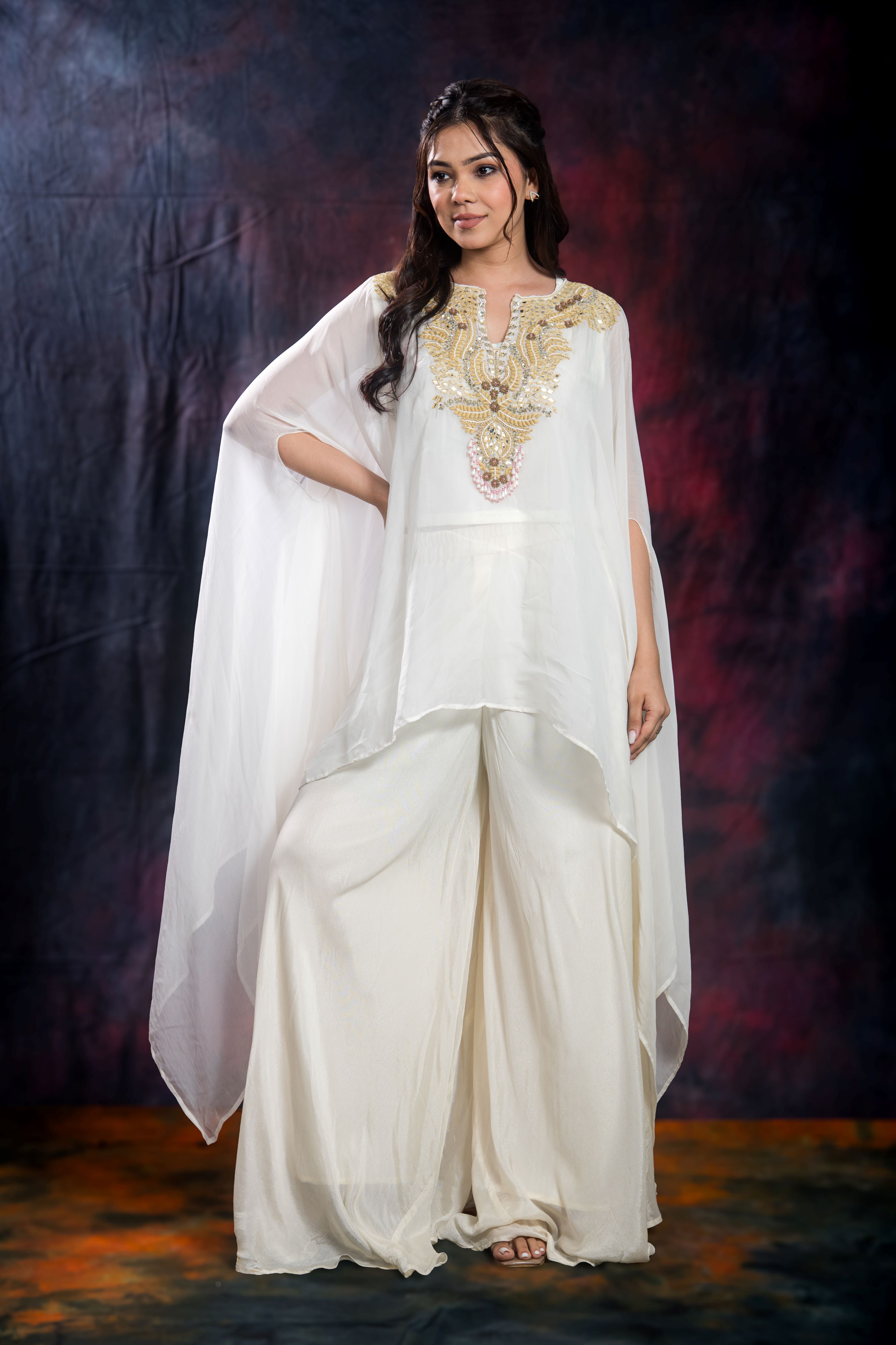 Ivory Embroidered Chinon Silk Kaftan Set