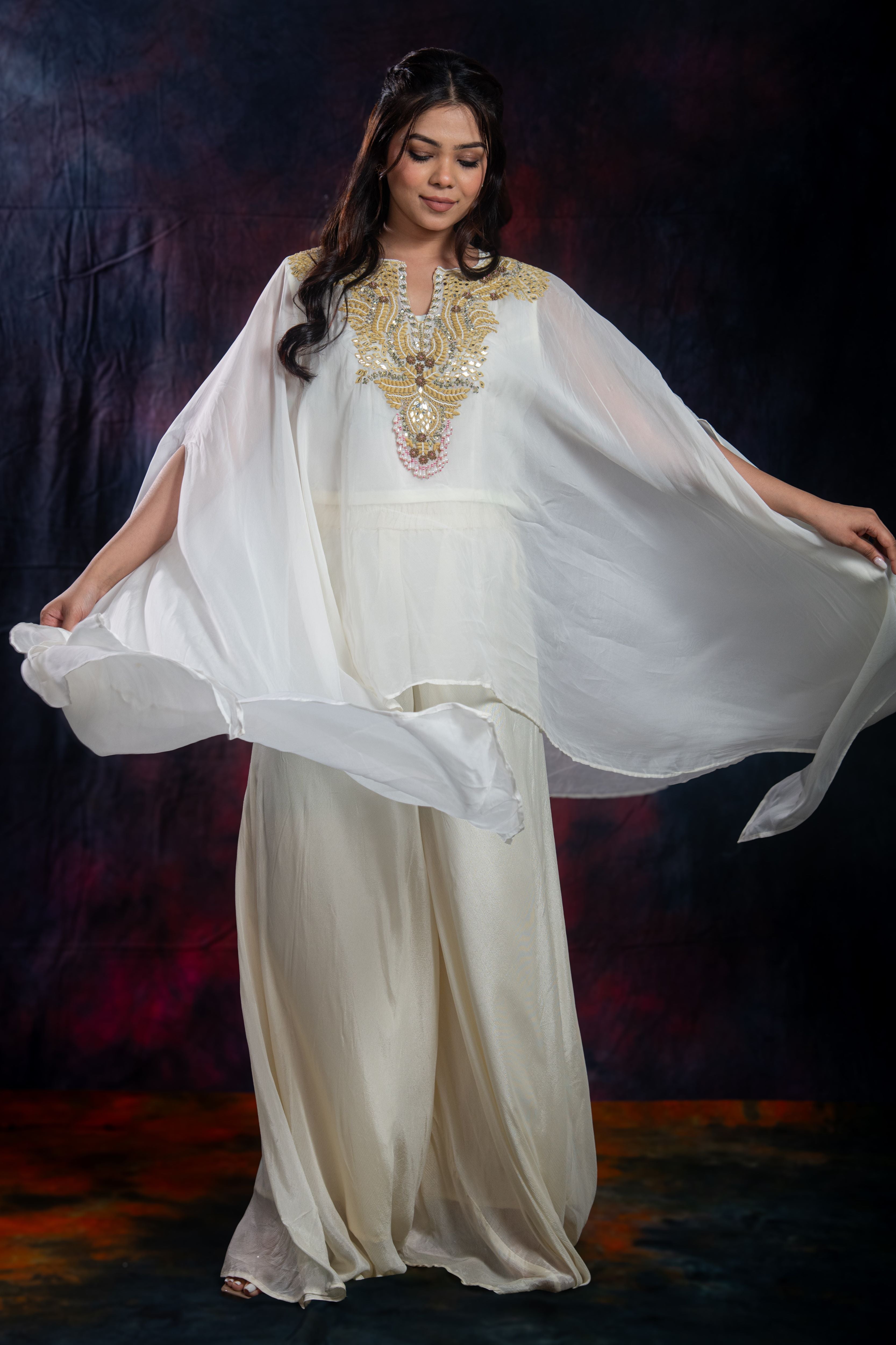 Ivory Embroidered Chinon Silk Kaftan Set