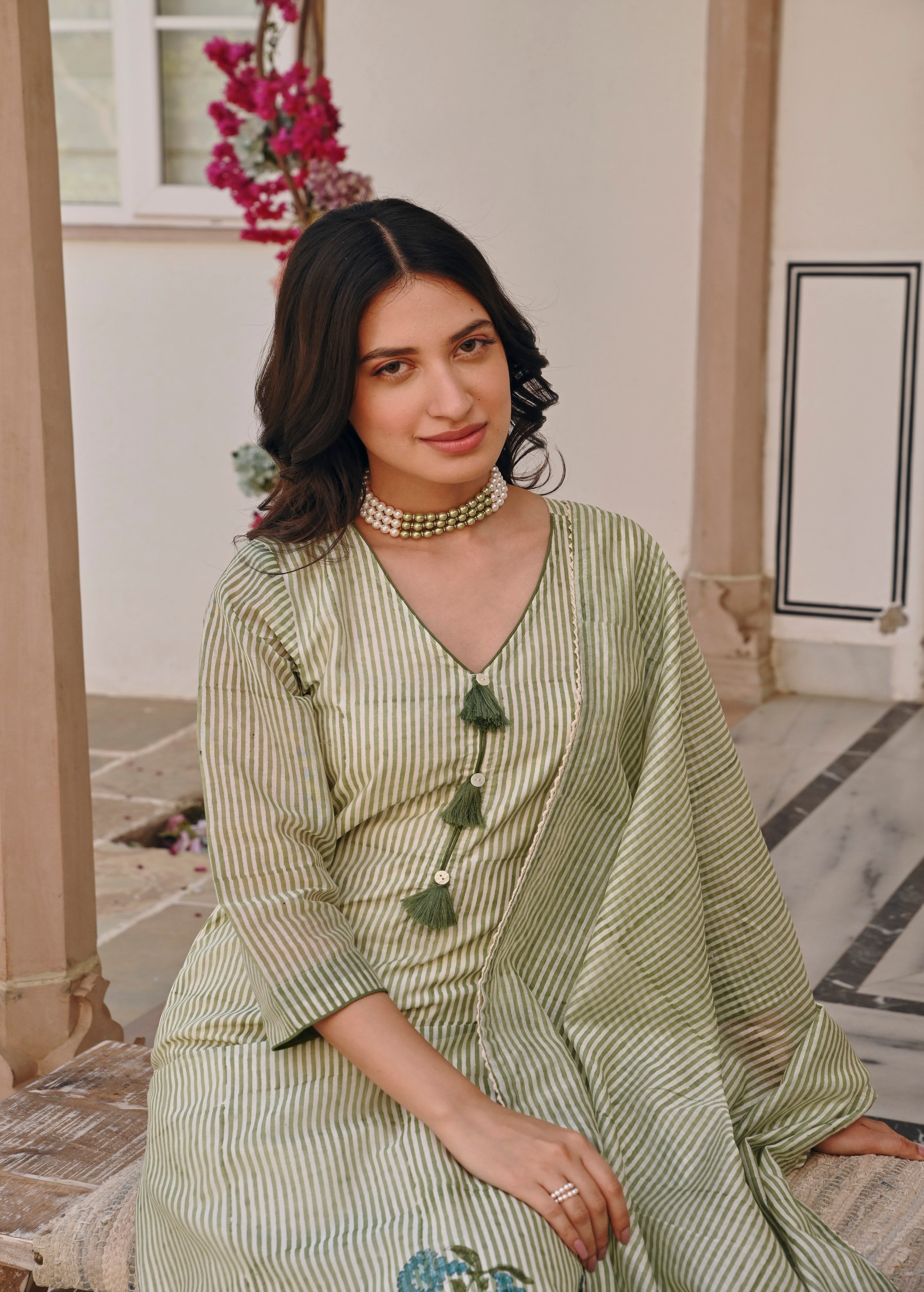 Pear Green Printed Chanderi Silk Pant Set