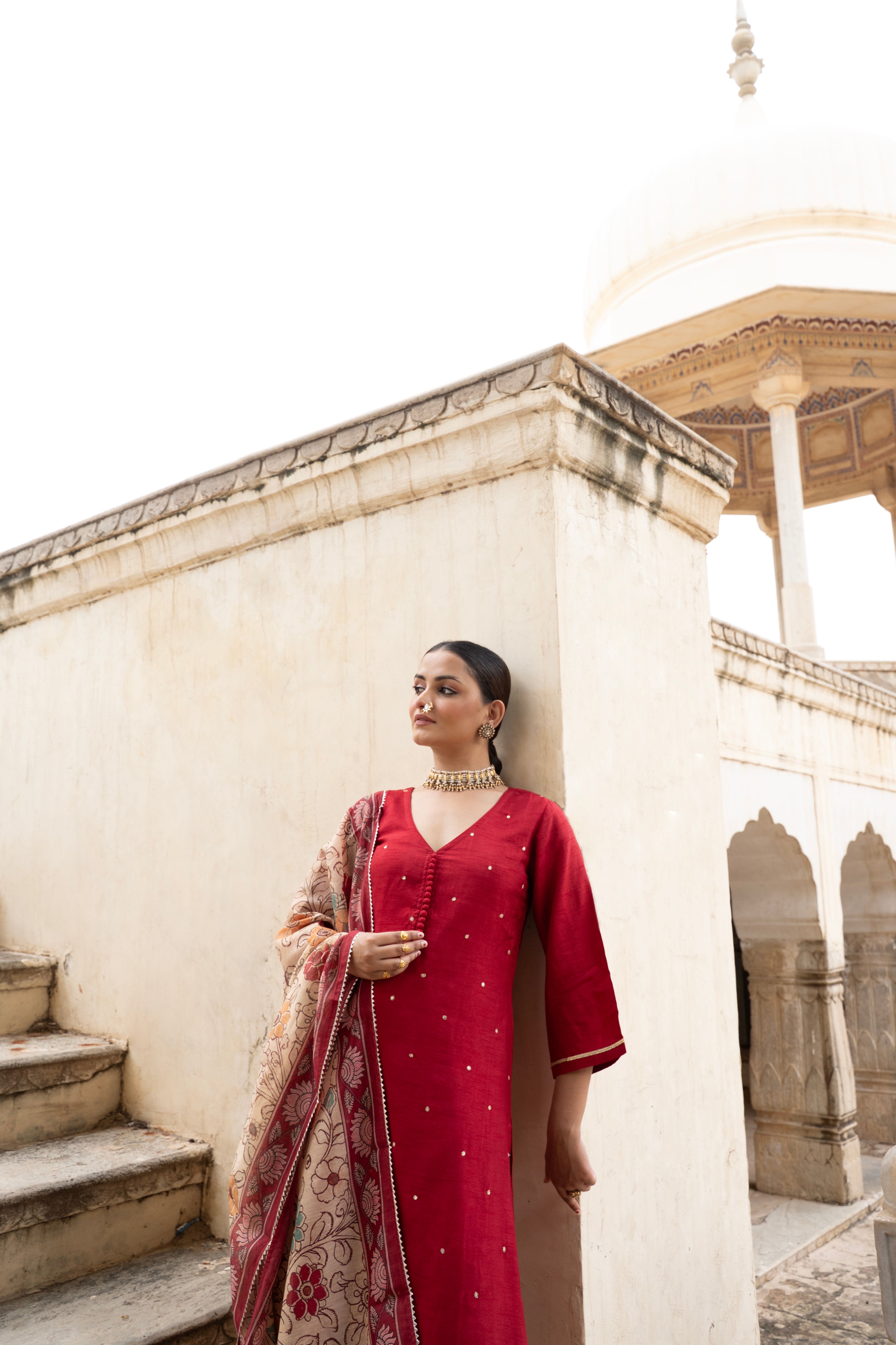 Maroon Embellished Dola Silk Pant Set