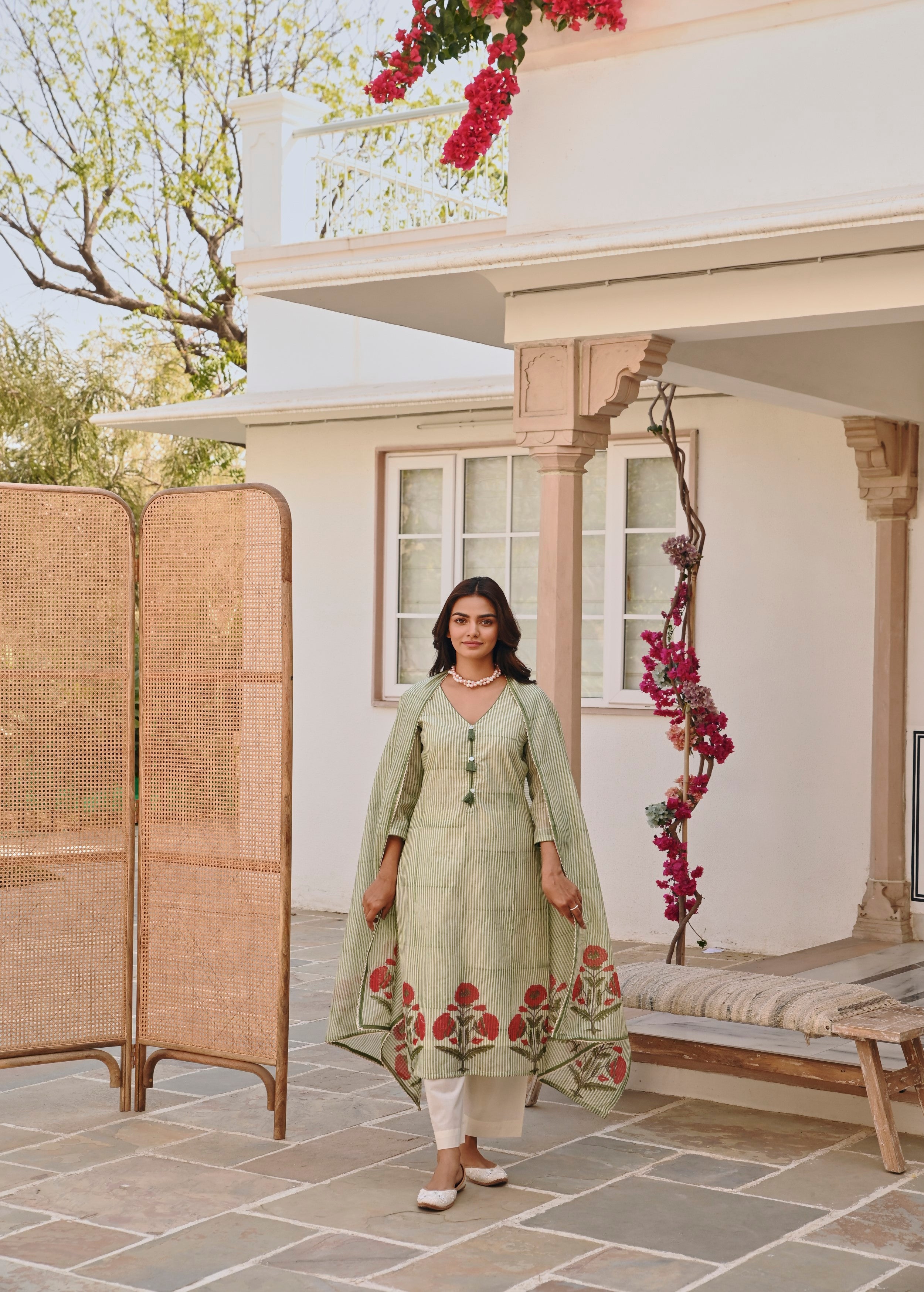 Mint Green Printed Chanderi Silk Pant Set