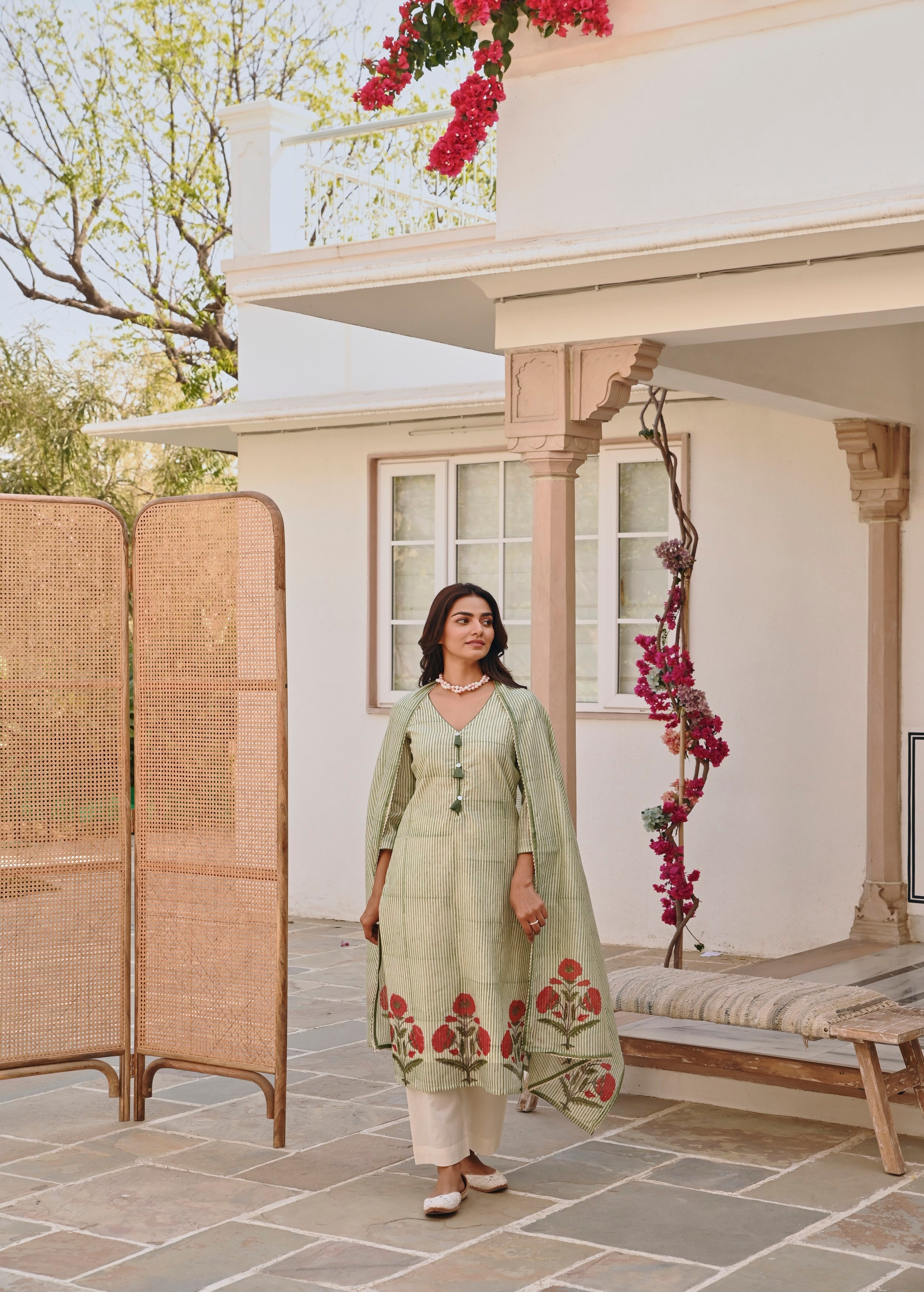 Mint Green Printed Chanderi Silk Pant Set