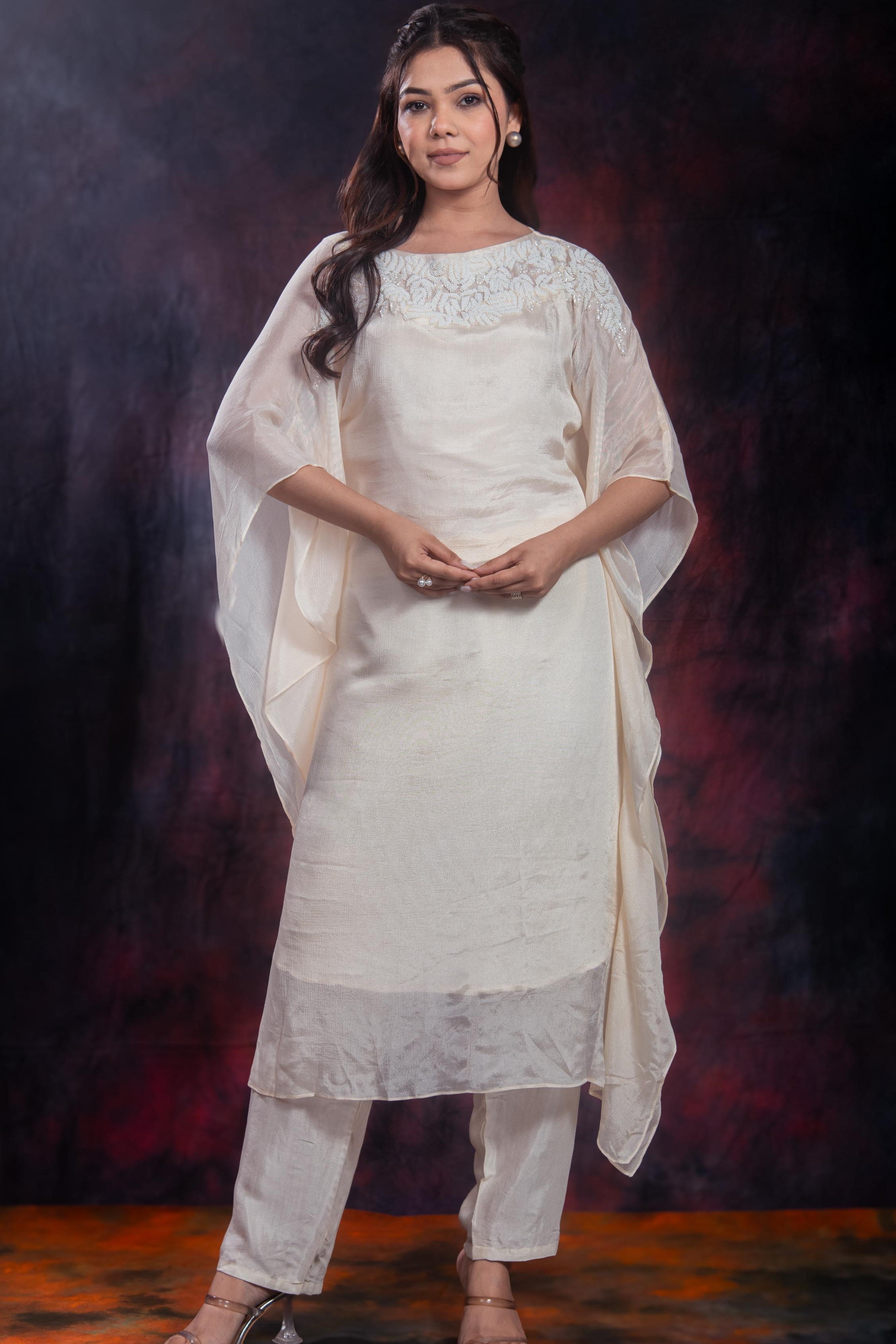 Ivory Embellished Chinon Silk Kurta Set