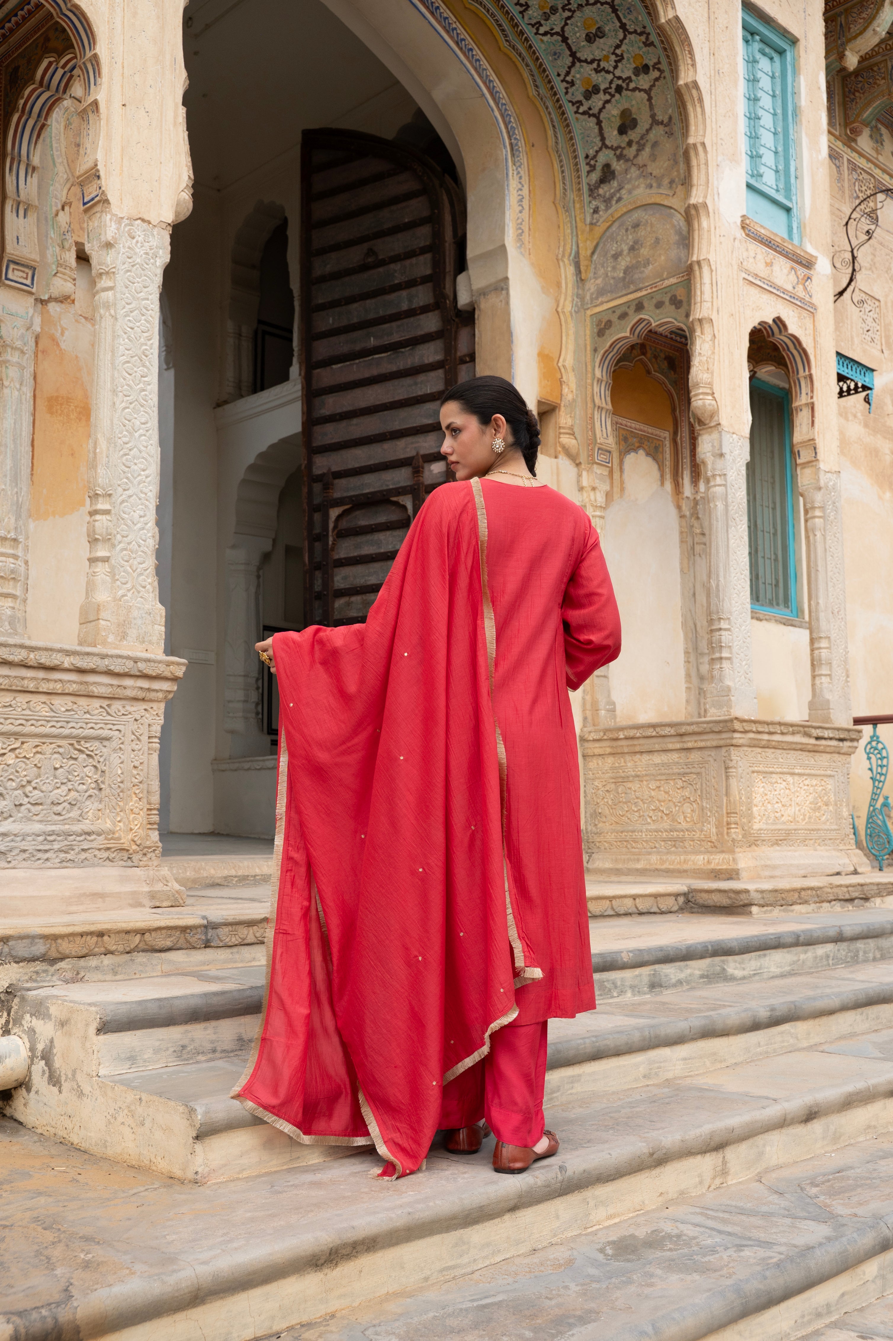 Crimson Red Embellished Mul Chenderi Pant Set