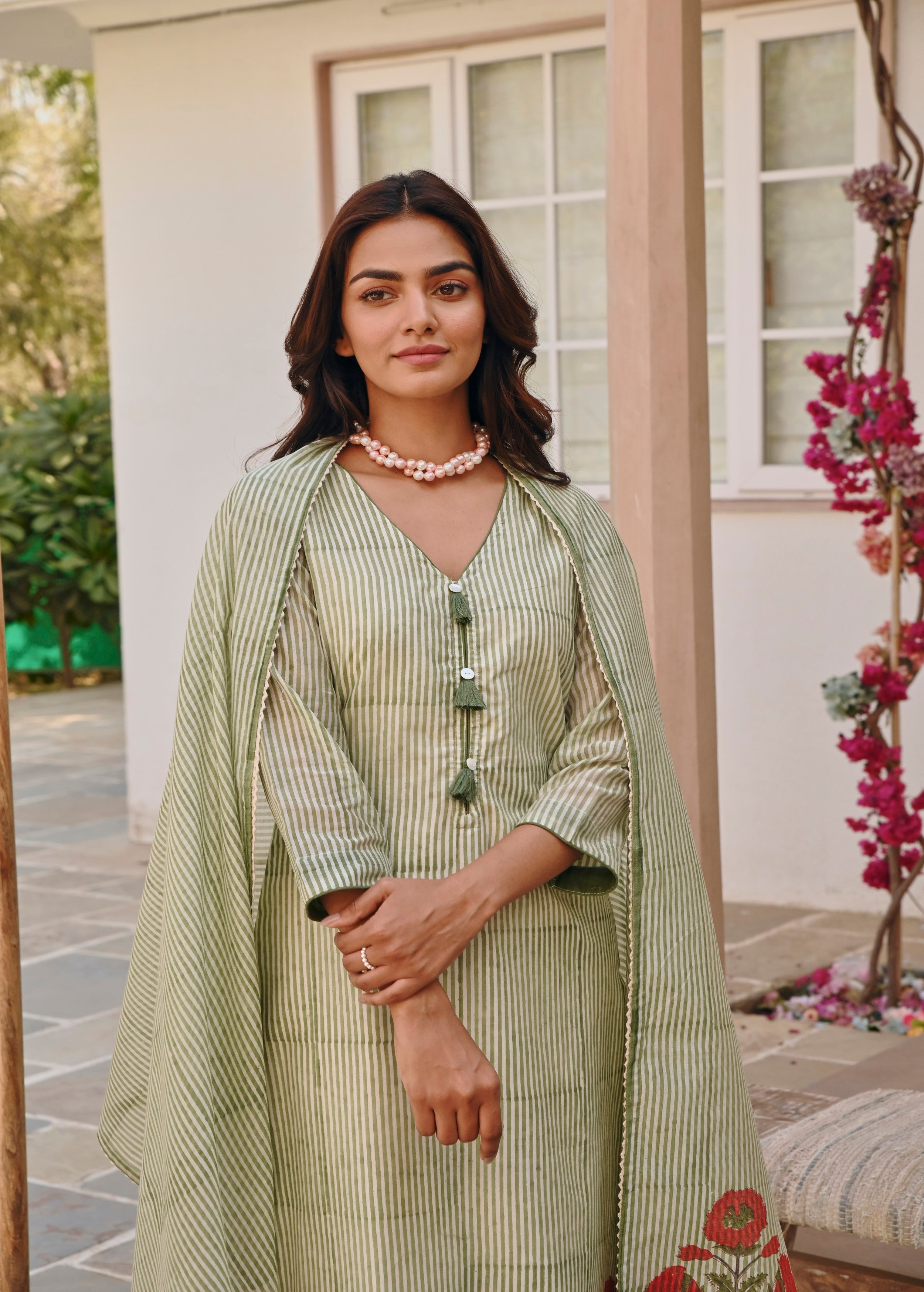 Mint Green Printed Chanderi Silk Pant Set