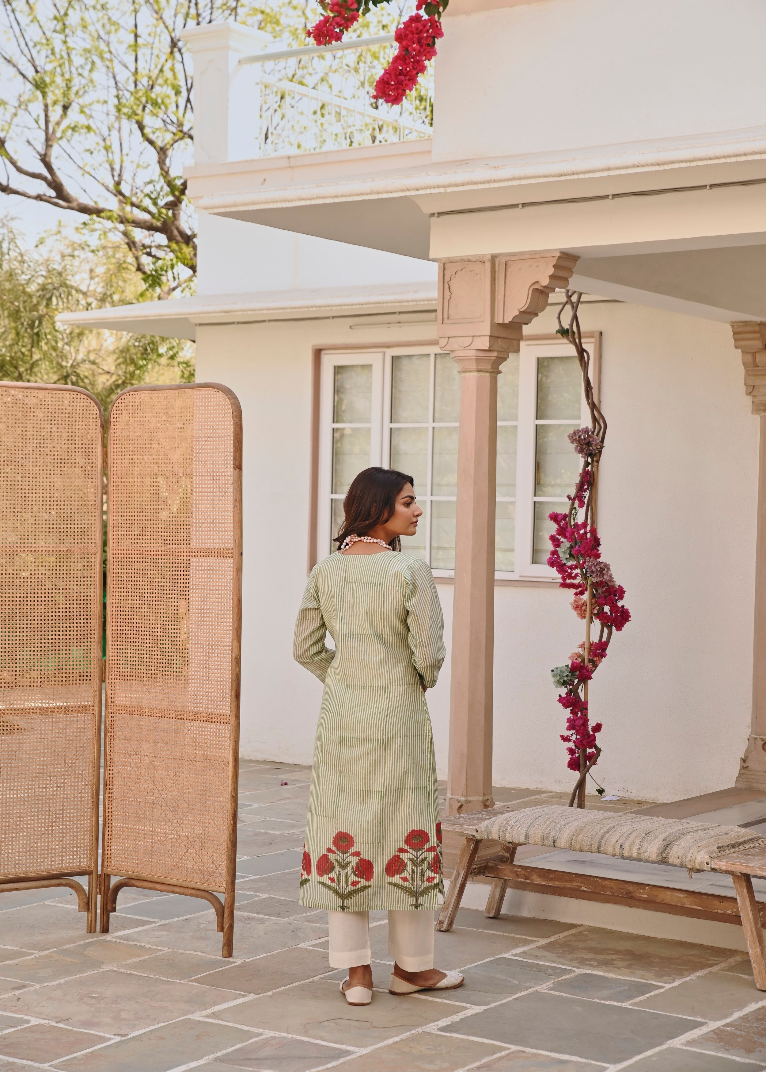 Mint Green Printed Chanderi Silk Pant Set