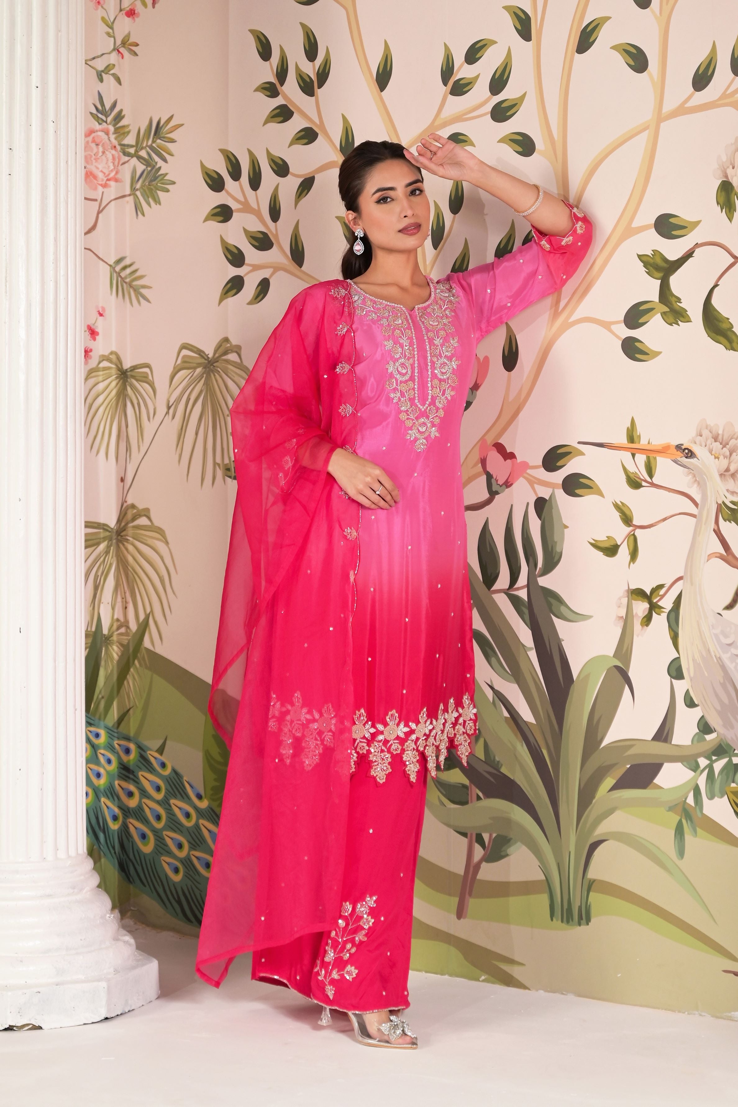 Pink Ombre Dyed Italian Paper Silk Palazzo Set