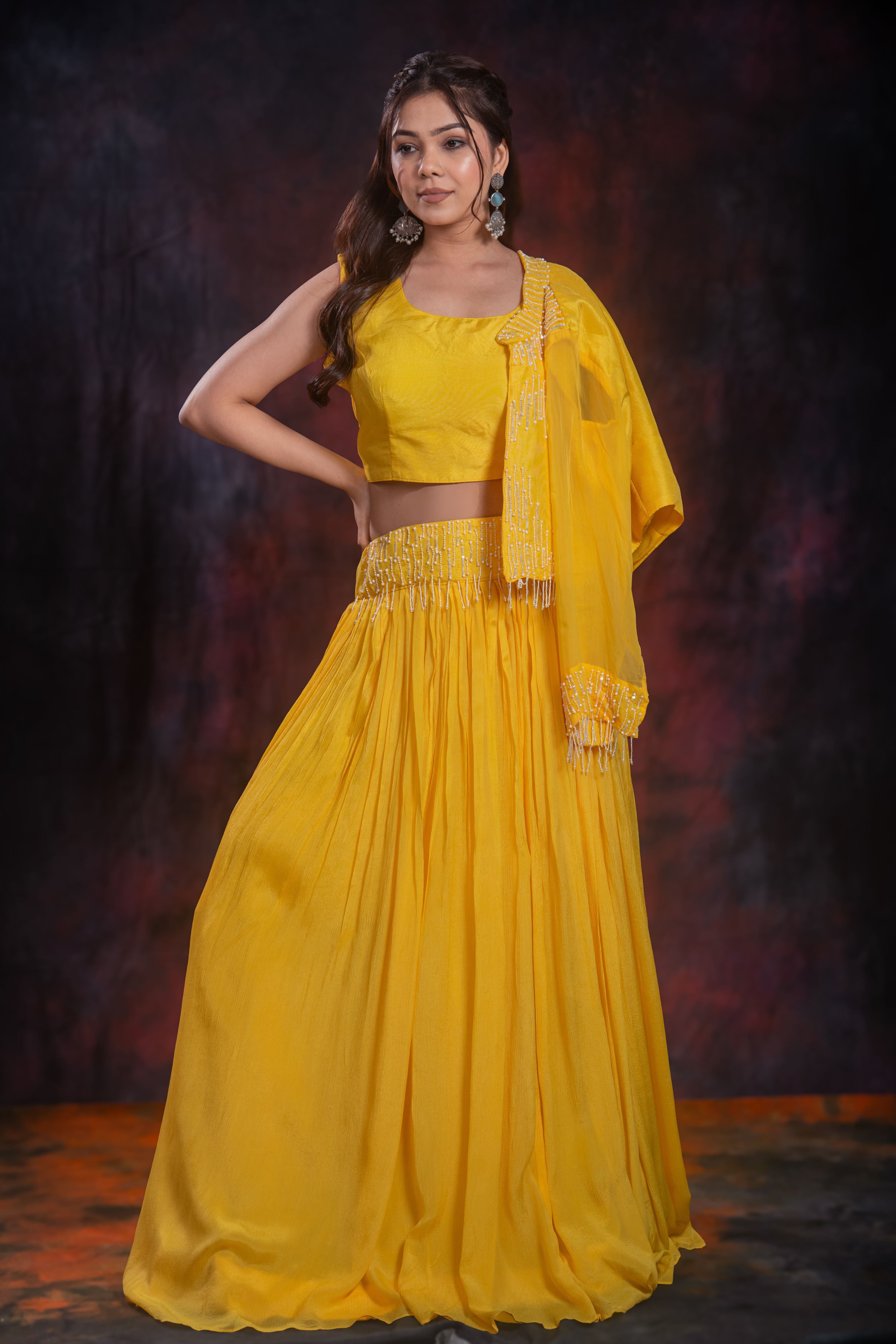 Yellow Embellished Chinon Silk Jacket Skirt Set