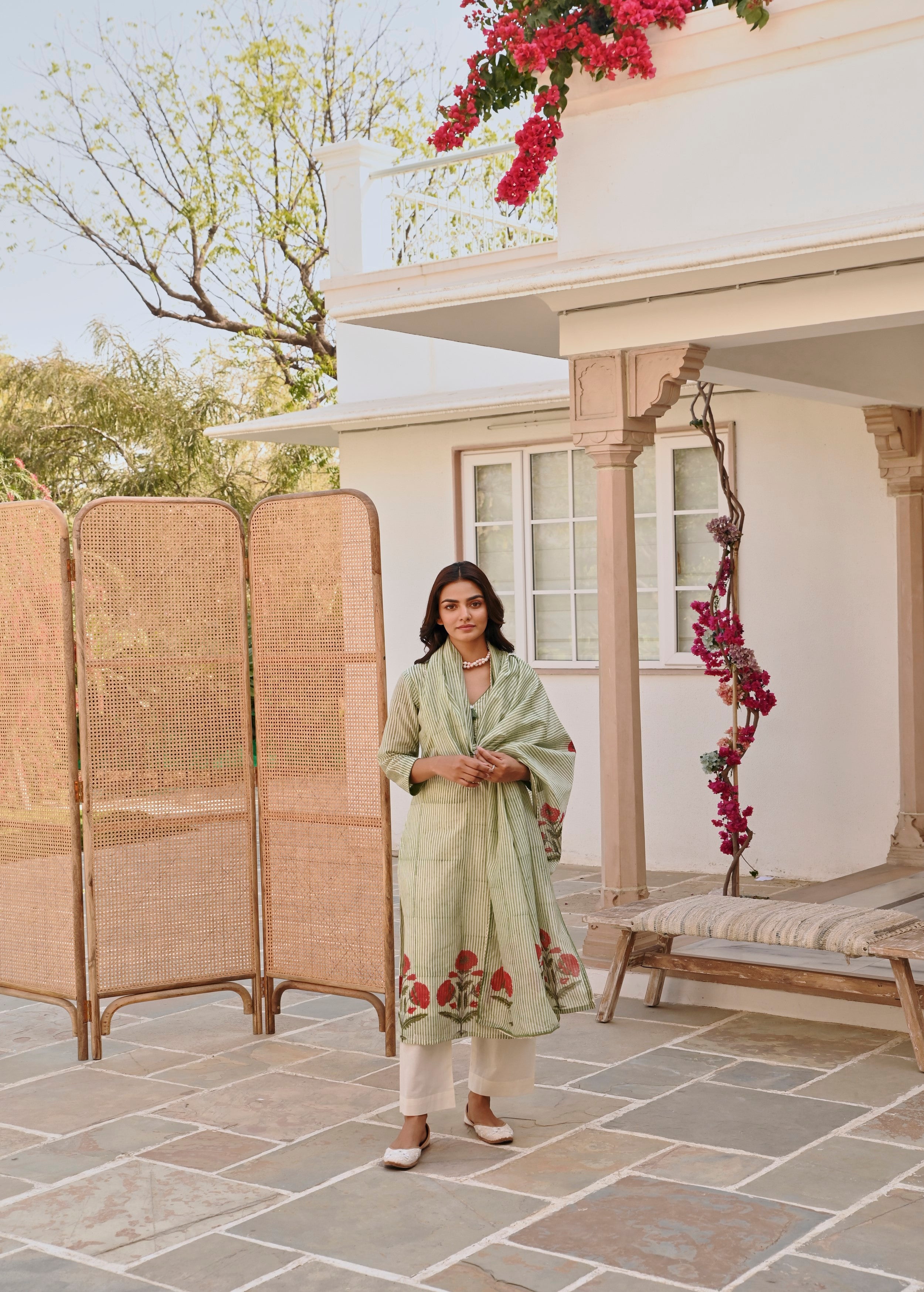 Mint Green Printed Chanderi Silk Pant Set